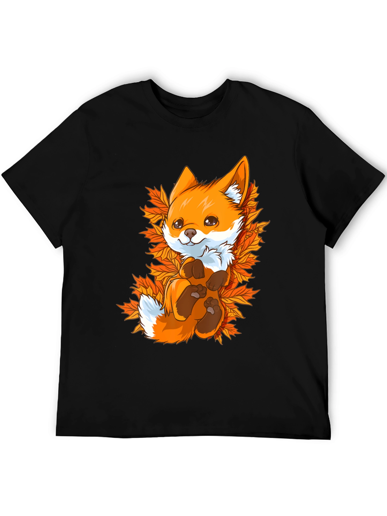 Cute Fox Autumn Leaves Black T-Shirt