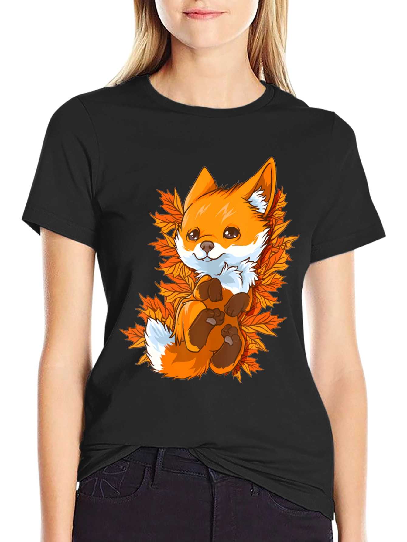 Cute Fox Autumn Leaves Black T-Shirt