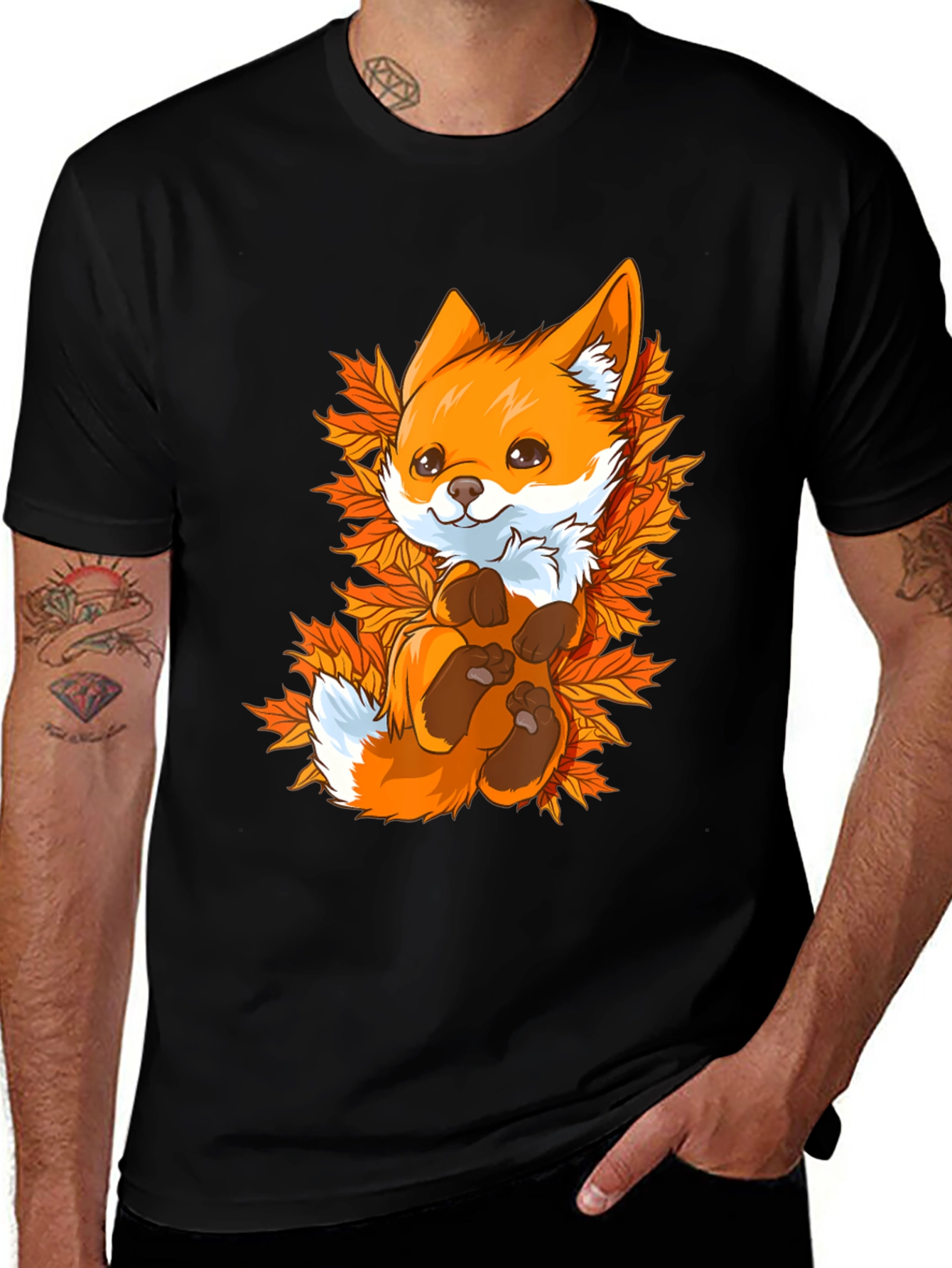 Cute Fox Autumn Leaves Black T-Shirt