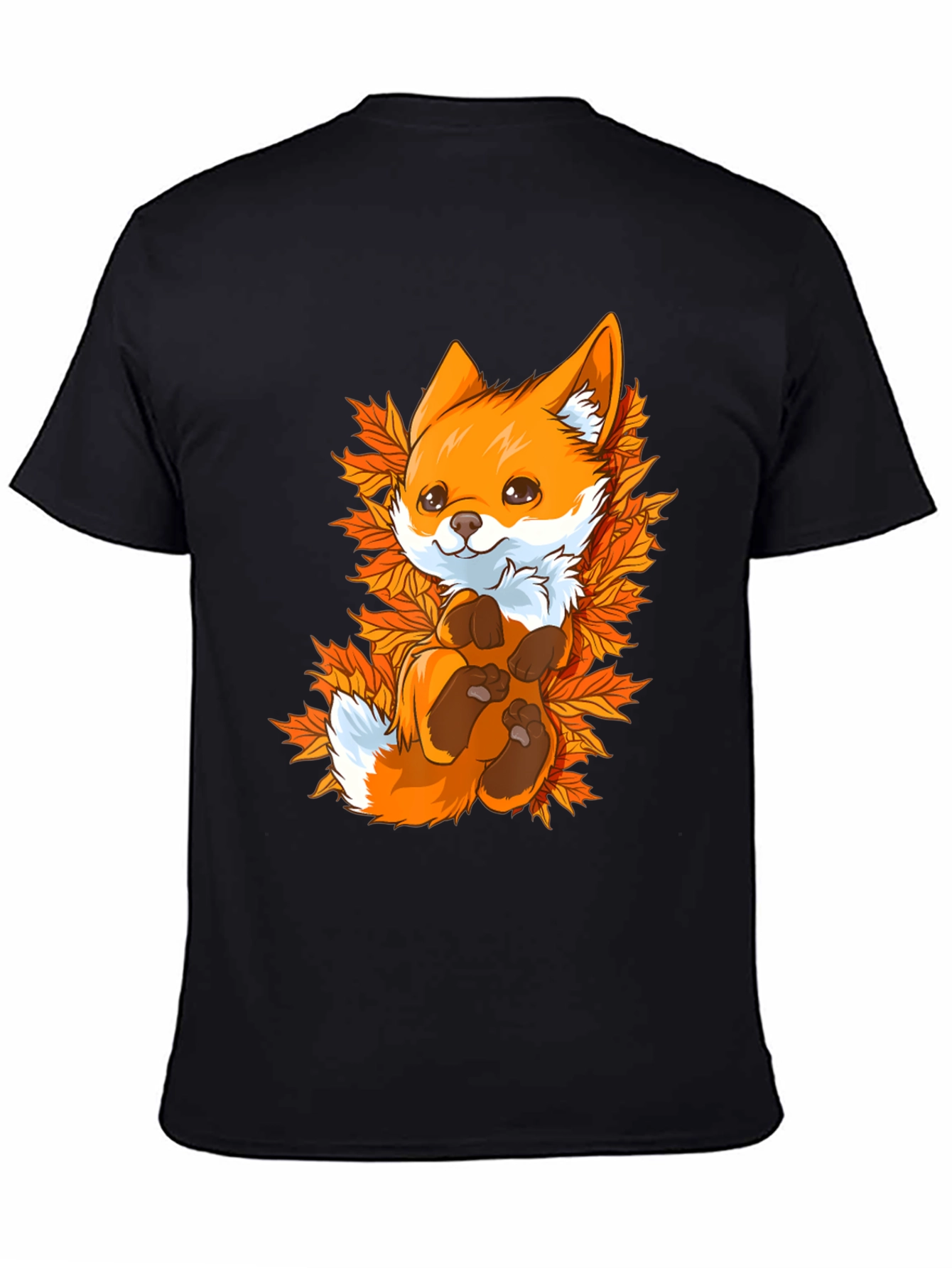 Cute Fox Autumn Leaves Black T-Shirt