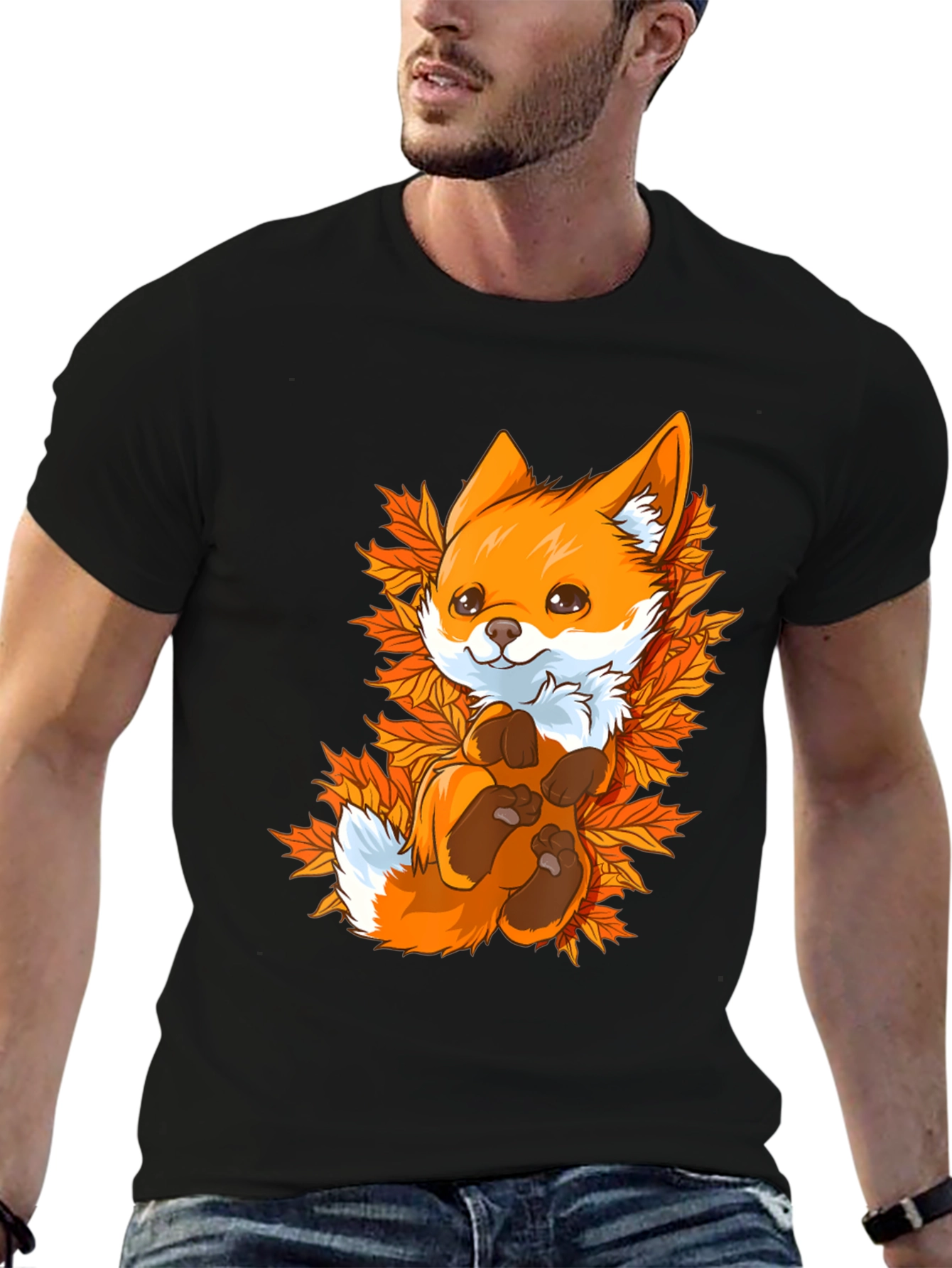 Cute Fox Autumn Leaves Black T-Shirt