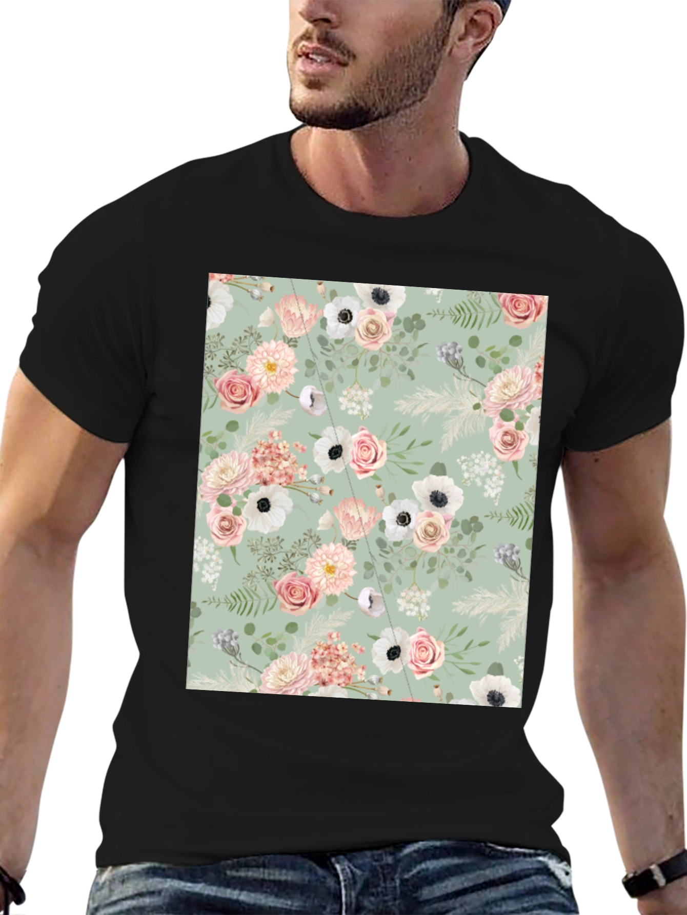 Floral Pattern Black Tee