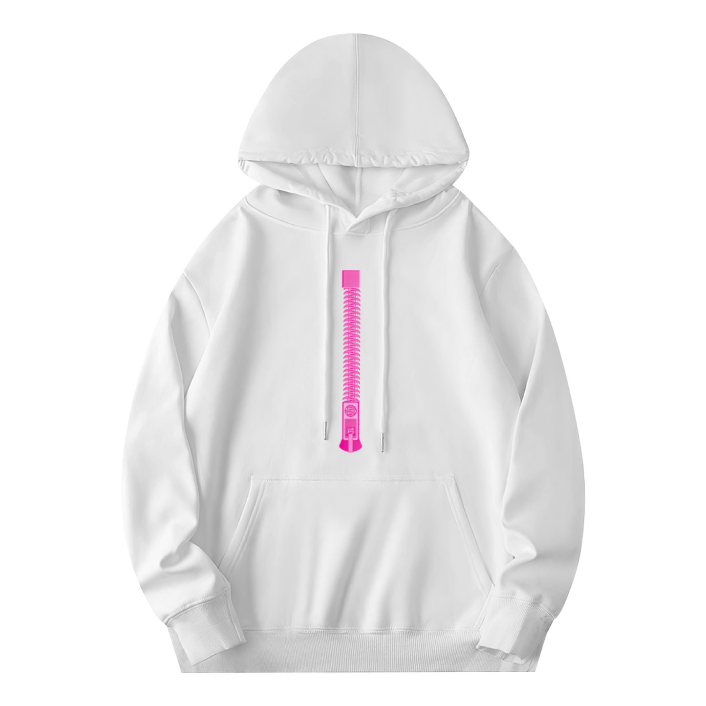 Pink Vertical Zipper Minimal Cute Comfort White Hoodie, Simple Streetwear