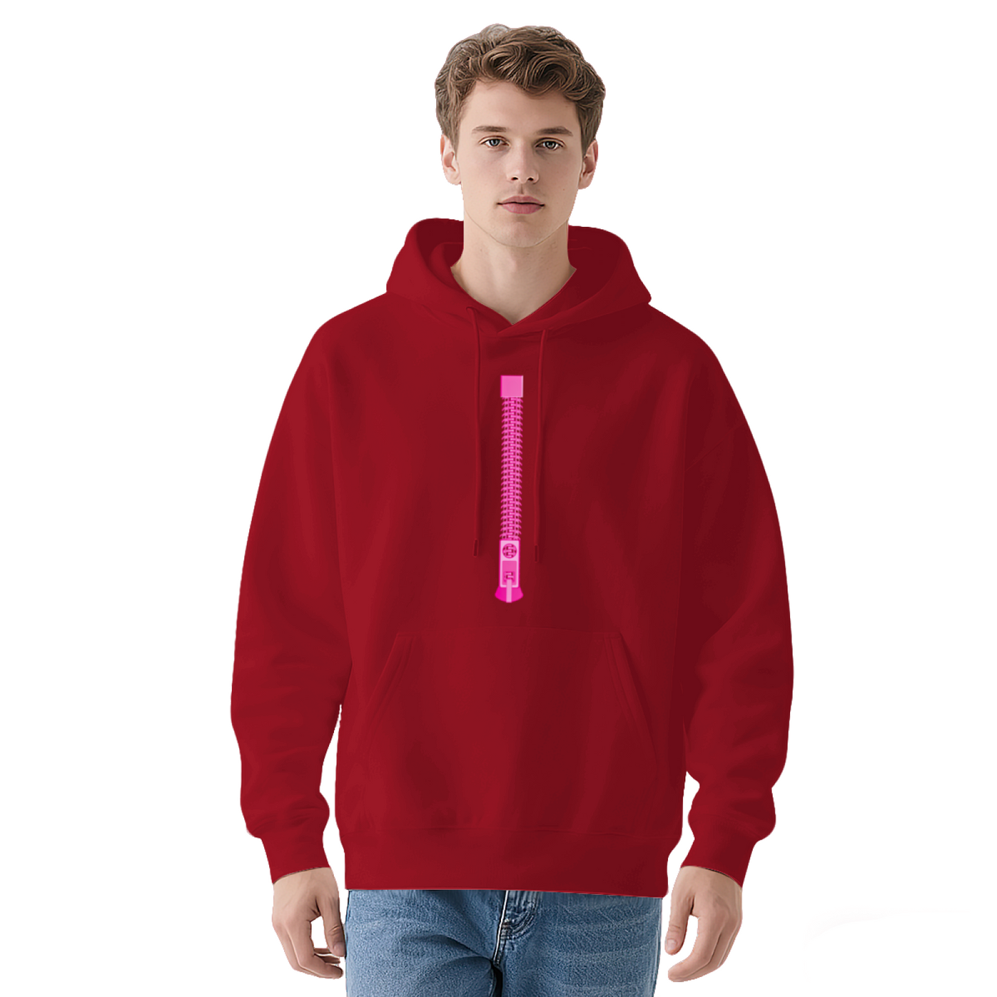 Pink Vertical Zipper Minimal Cute Comfort White Hoodie, Simple Streetwear