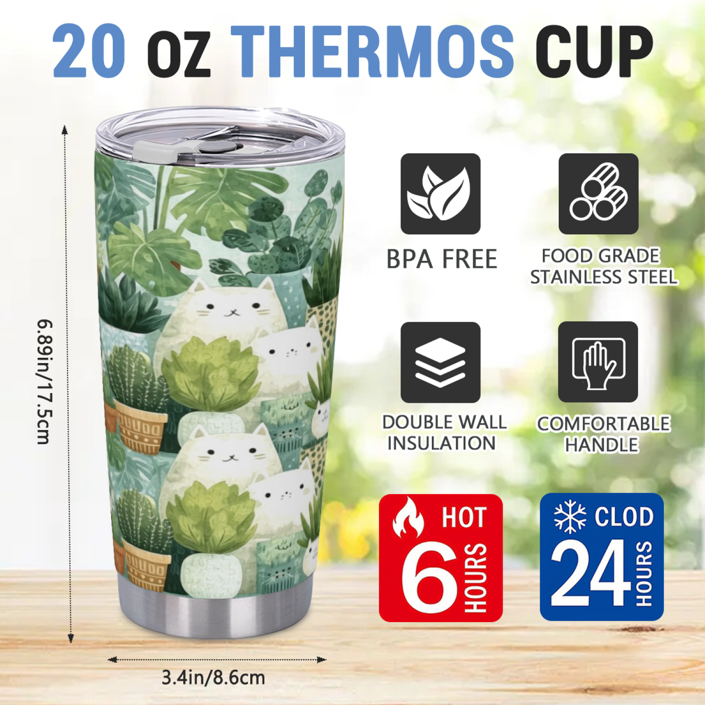 Minimal Green Succulent White Kitten Plant Lover Tumbler