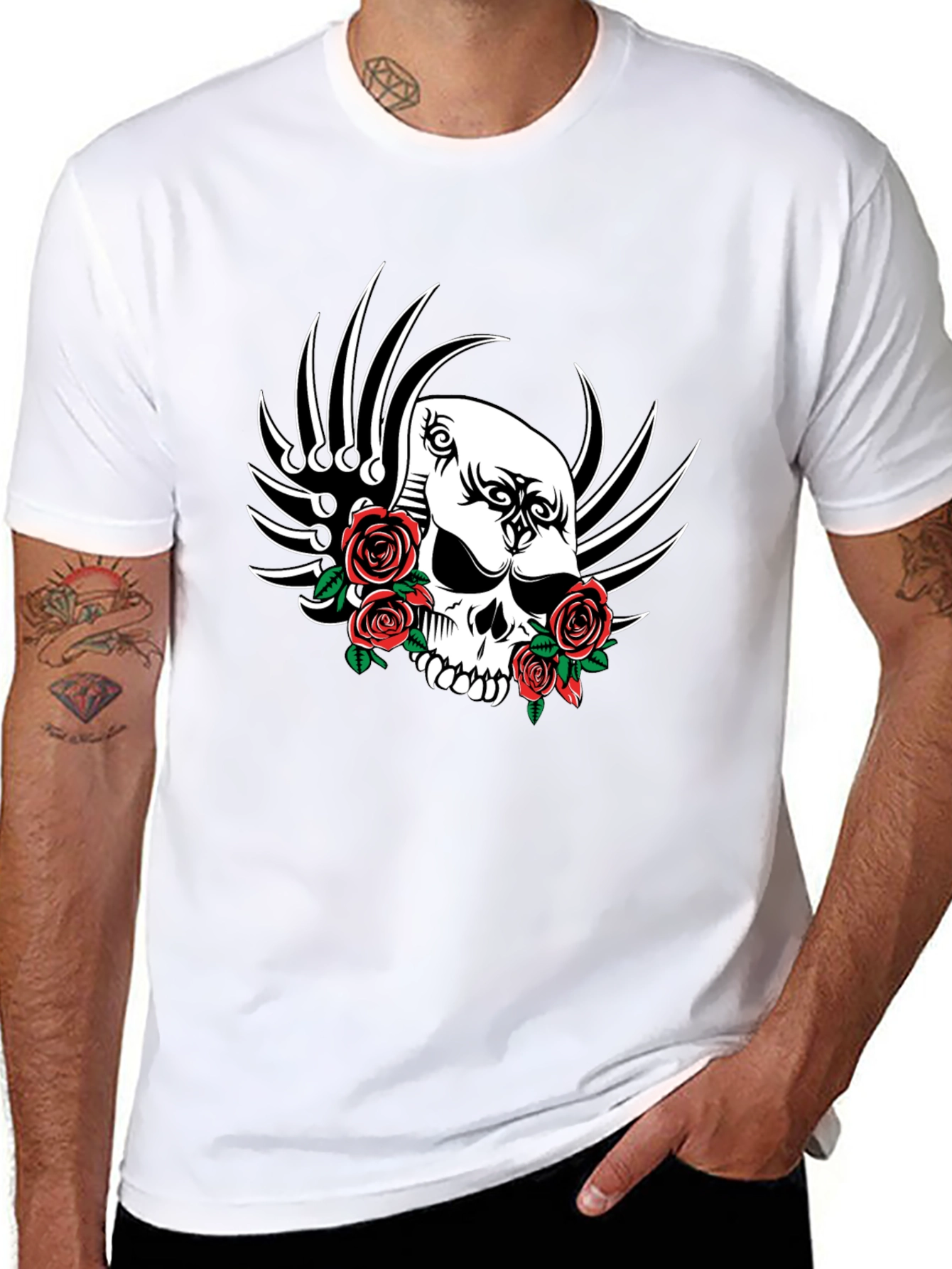 Skull and Roses Graphic T-Shirt - Black