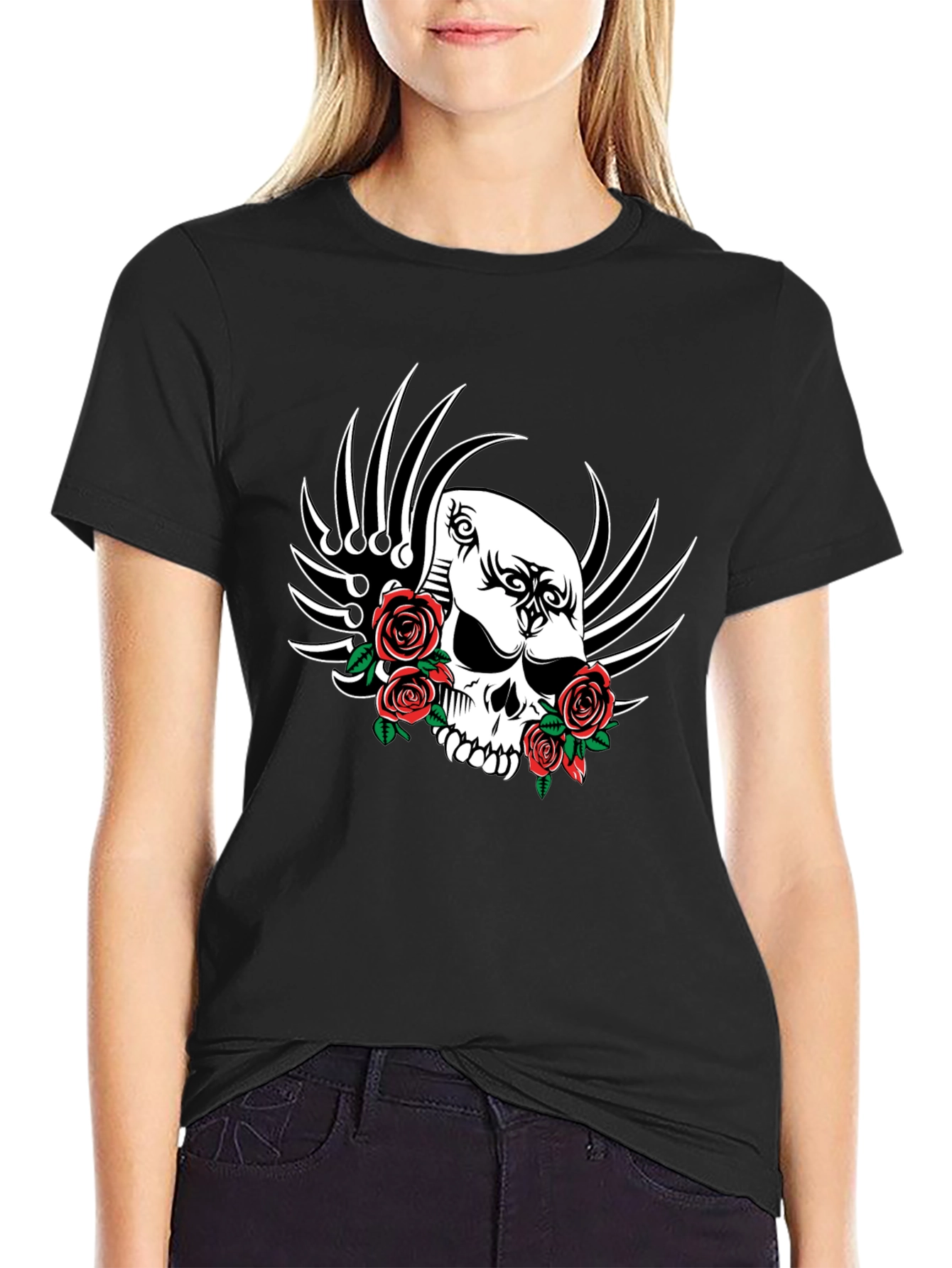 Skull and Roses Graphic T-Shirt - Black