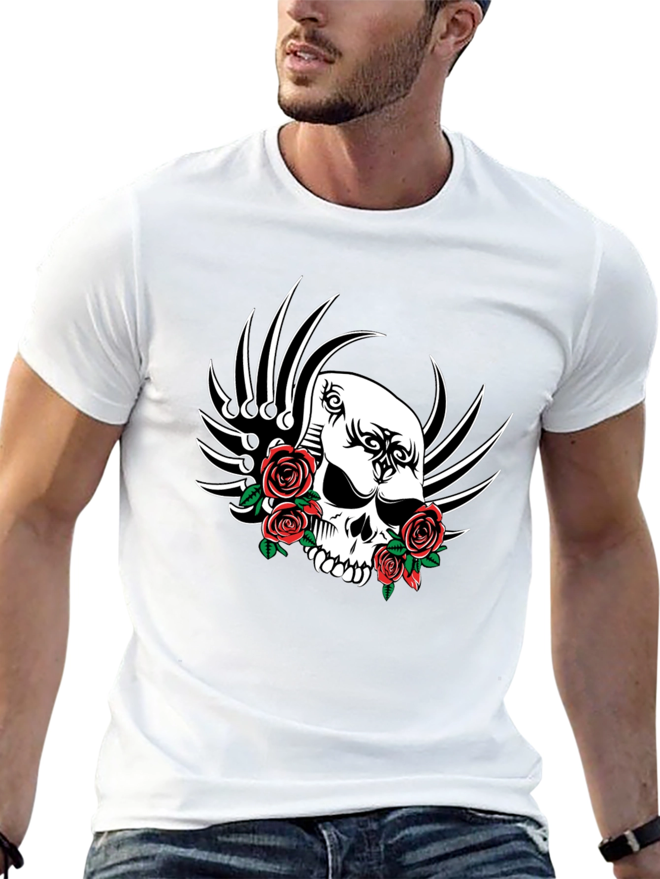 Skull and Roses Graphic T-Shirt - Black