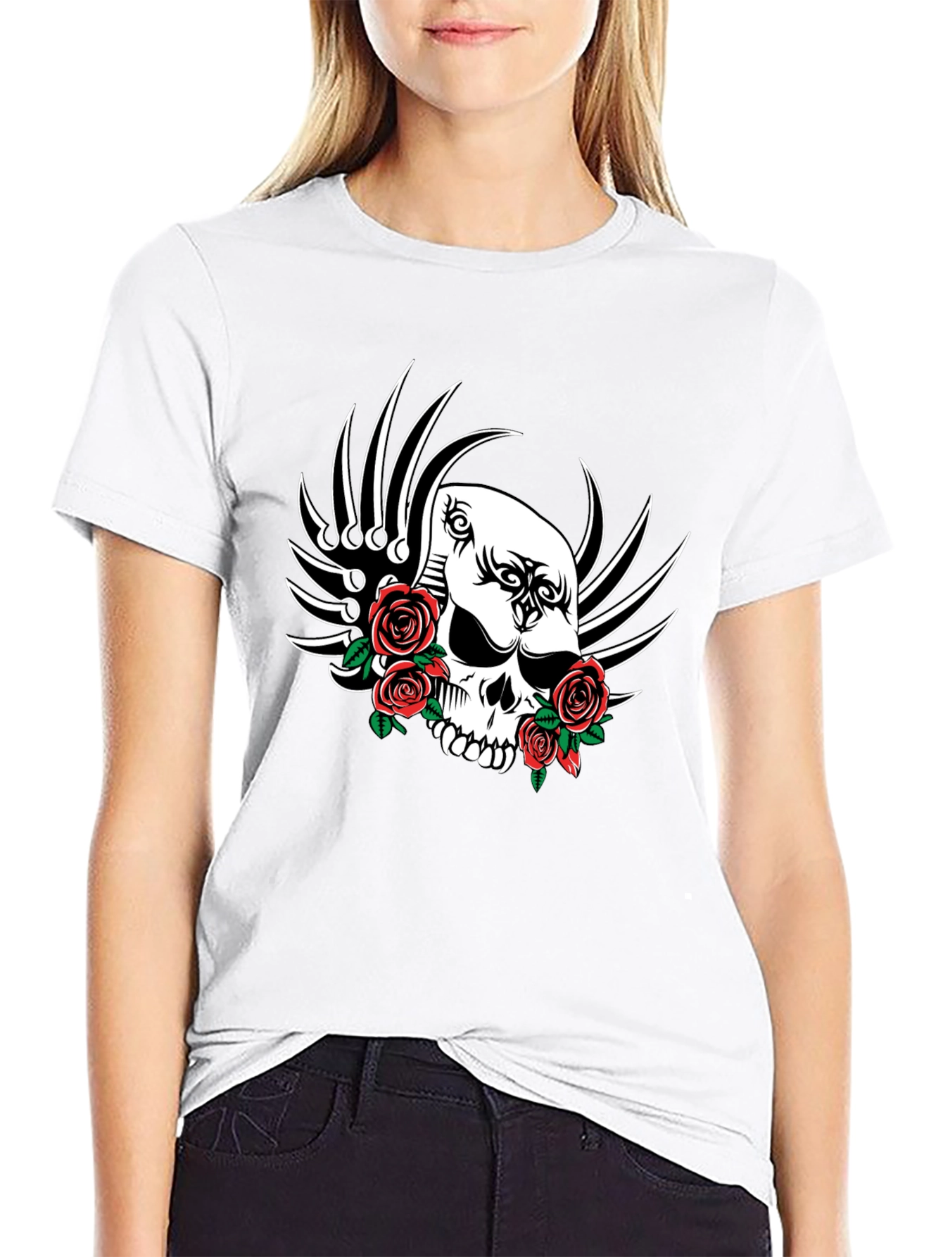 Skull and Roses Graphic T-Shirt - Black