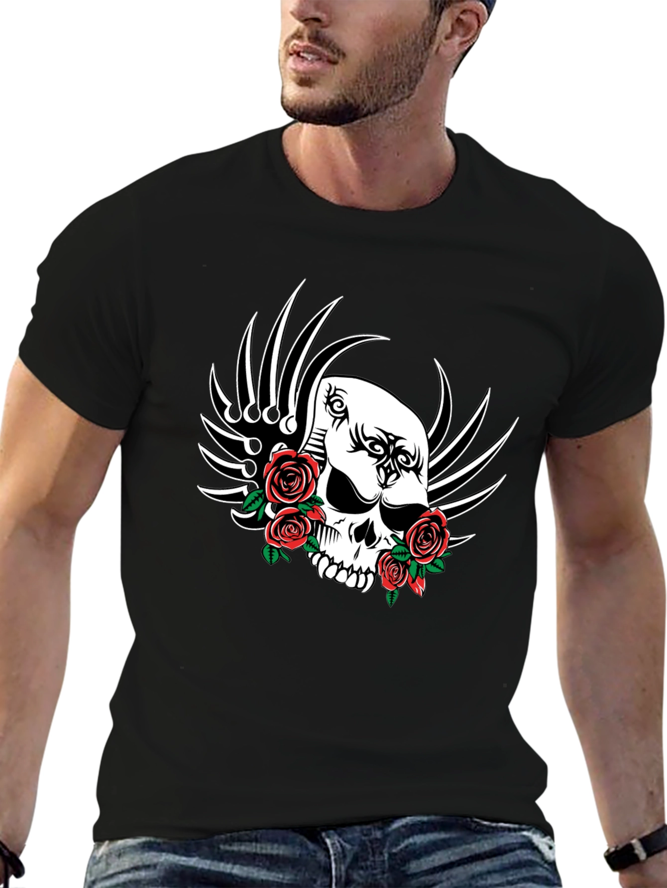 Skull and Roses Graphic T-Shirt - Black