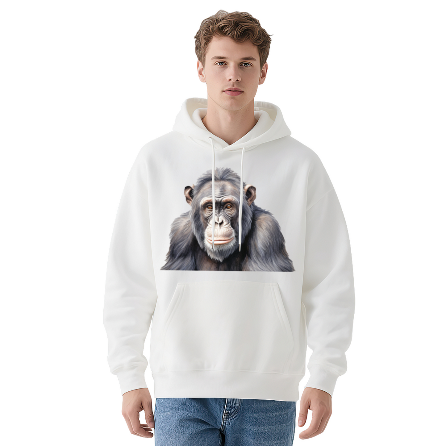 Realistic Chimpanzee Art Print Soft White Hoodie, Animal Lover Relaxed Top