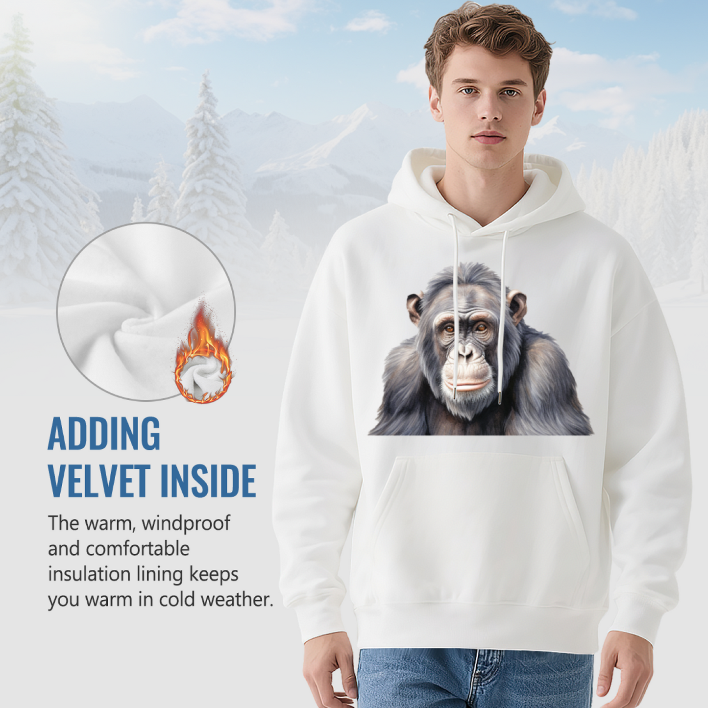 Realistic Chimpanzee Art Print Soft White Hoodie, Animal Lover Relaxed Top