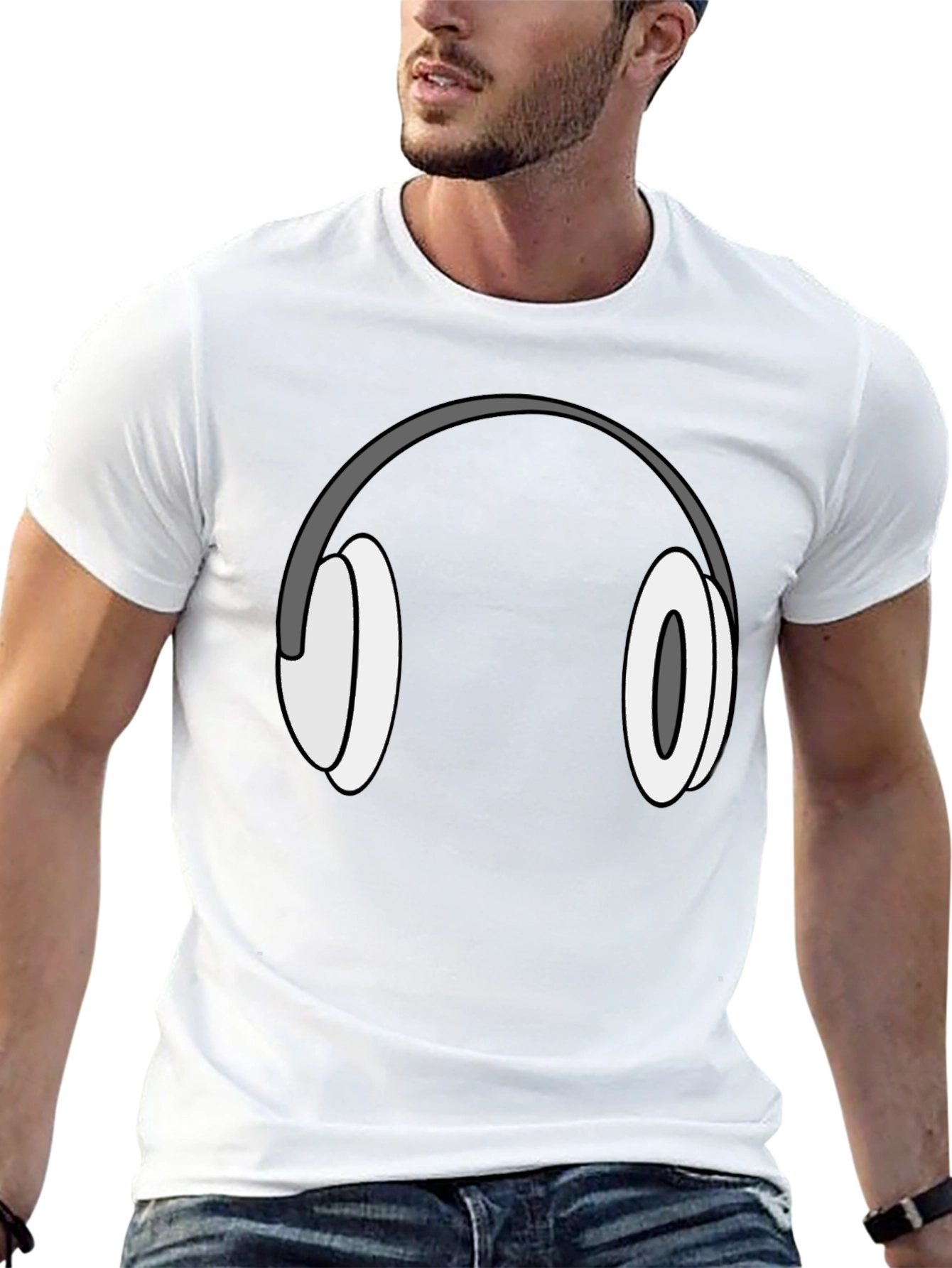 Cartoon Headphones Graphic Tee - Black