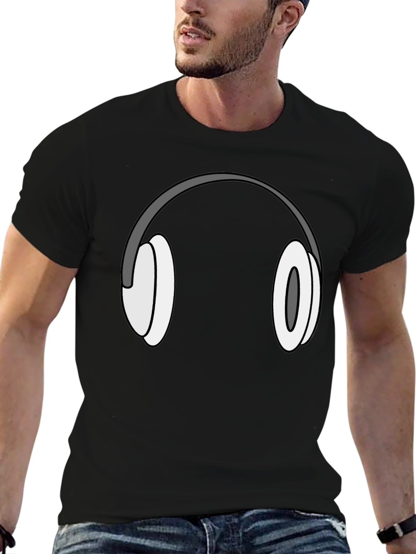 Cartoon Headphones Graphic Tee - Black