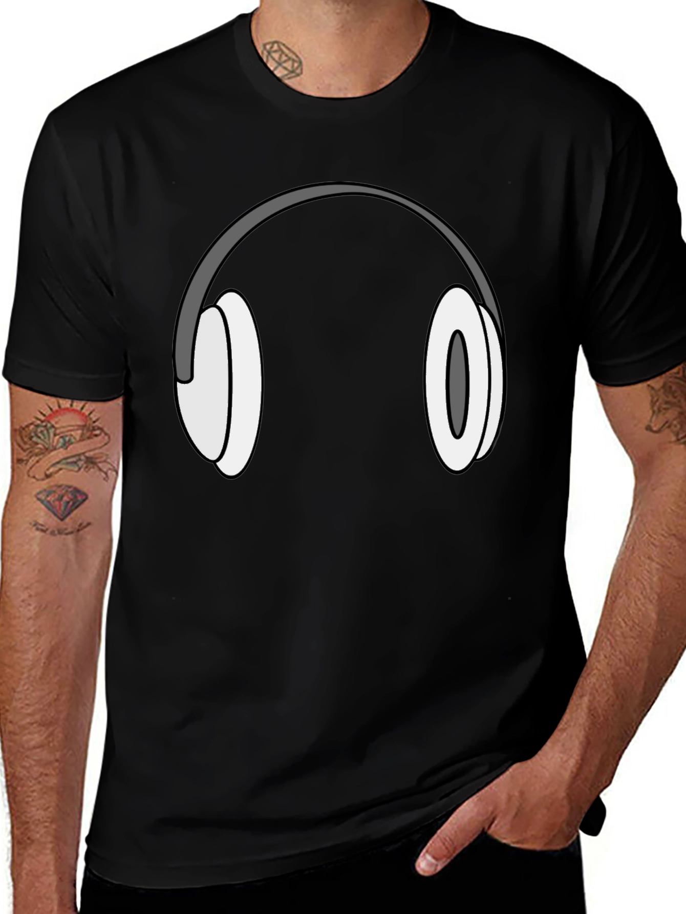 Cartoon Headphones Graphic Tee - Black