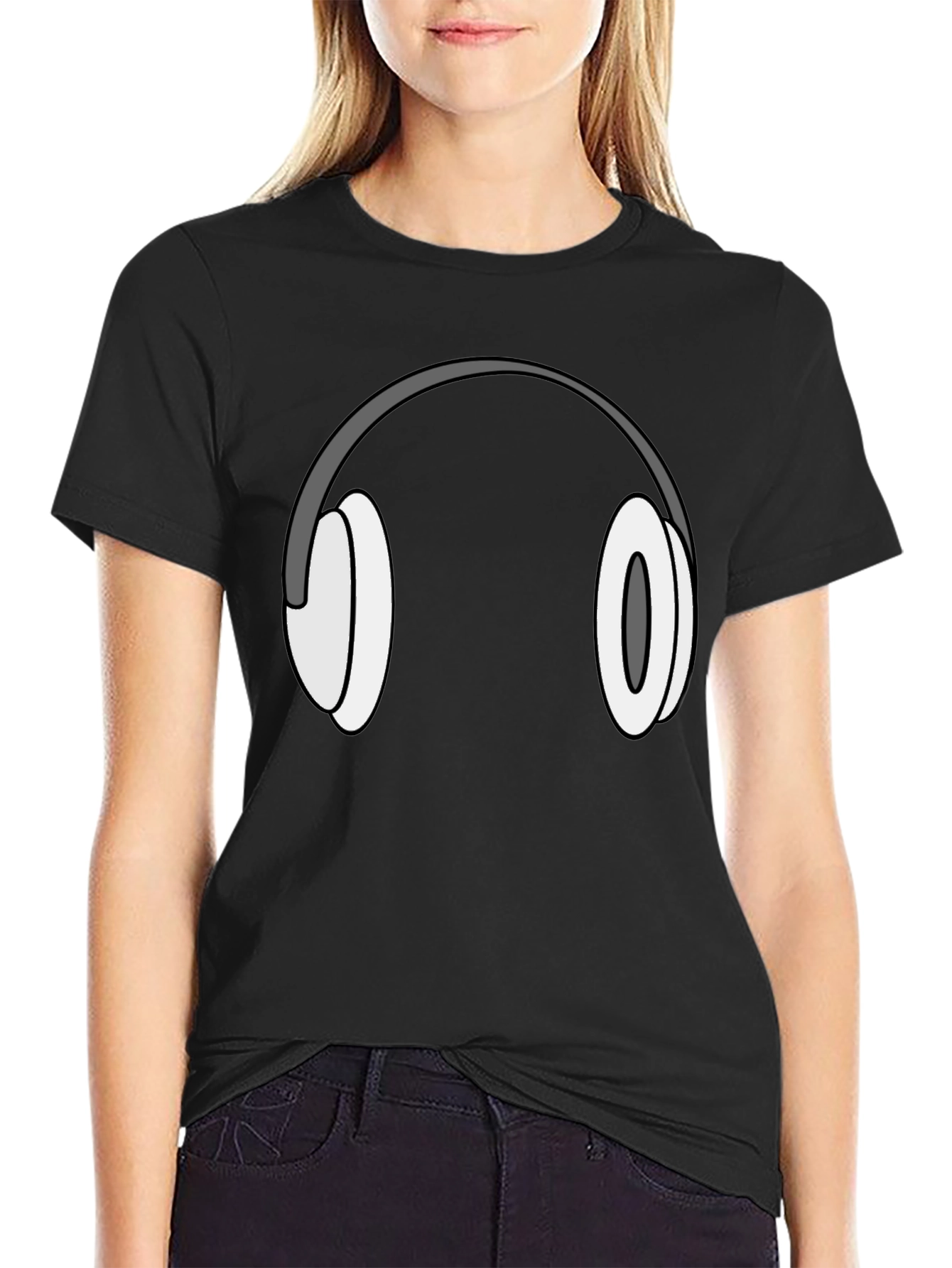 Cartoon Headphones Graphic Tee - Black