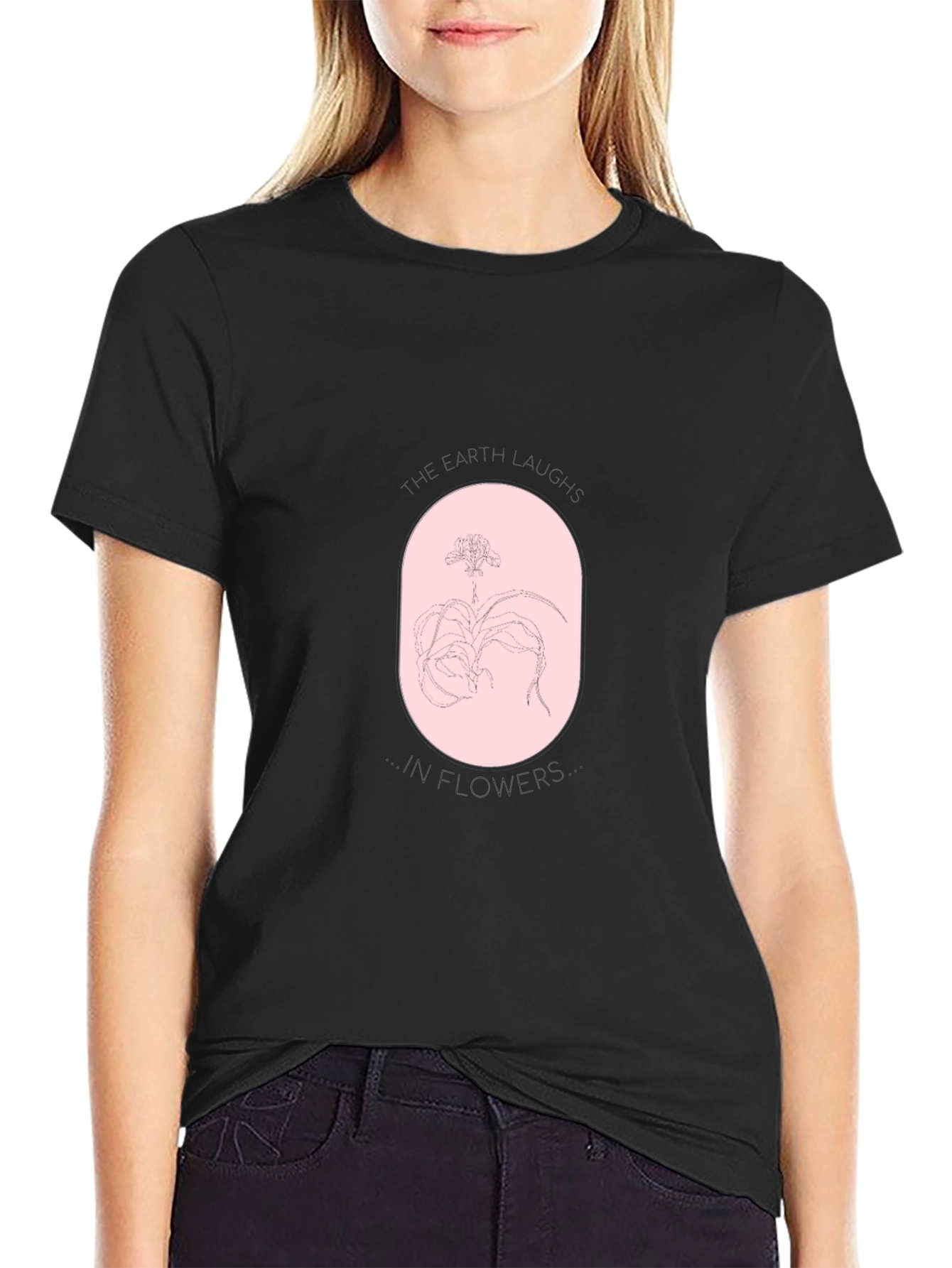 Black T-Shirt with Oval Orchid Design