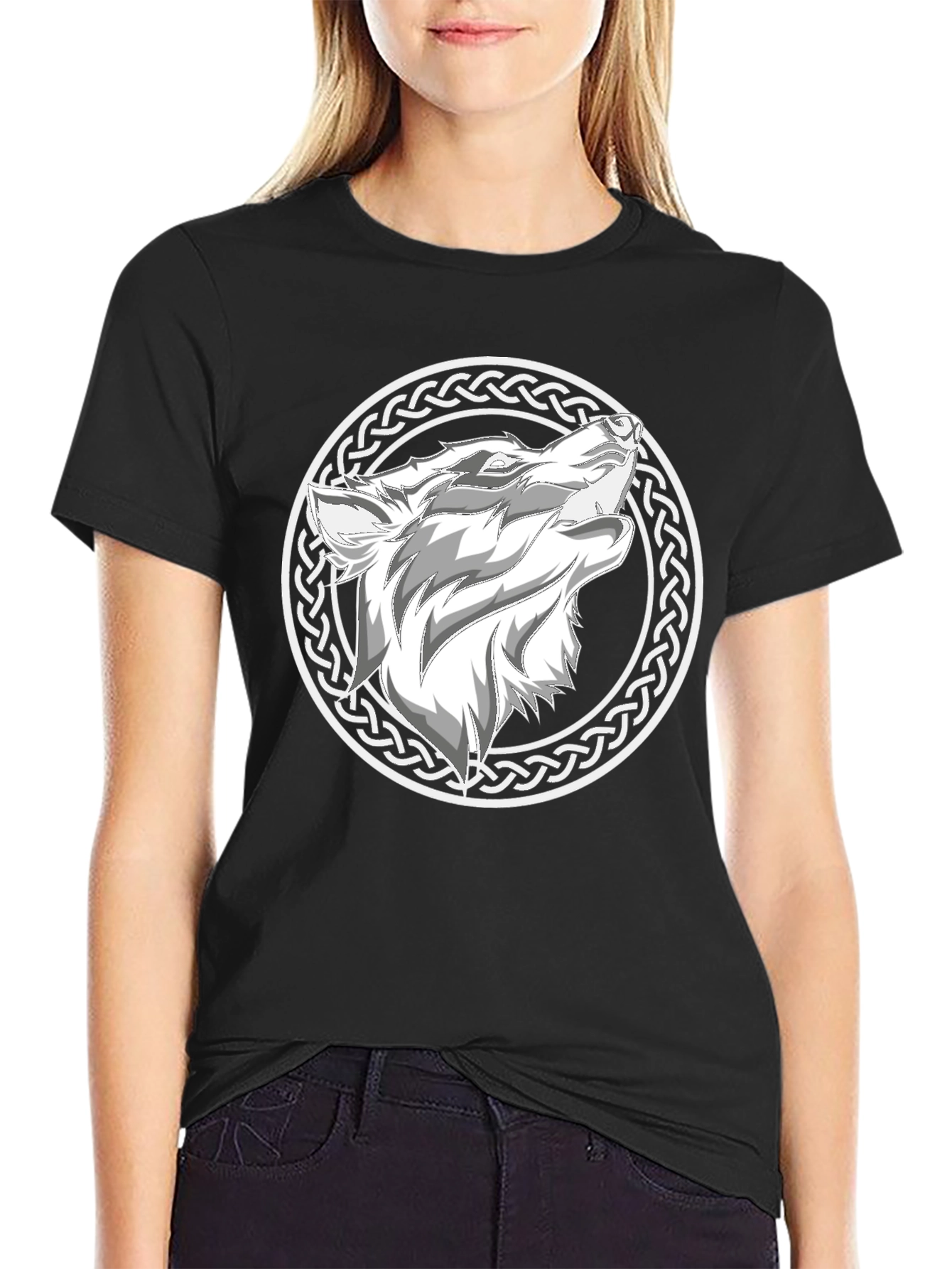 Wolf Head Celtic Knot Design Black T-Shirt