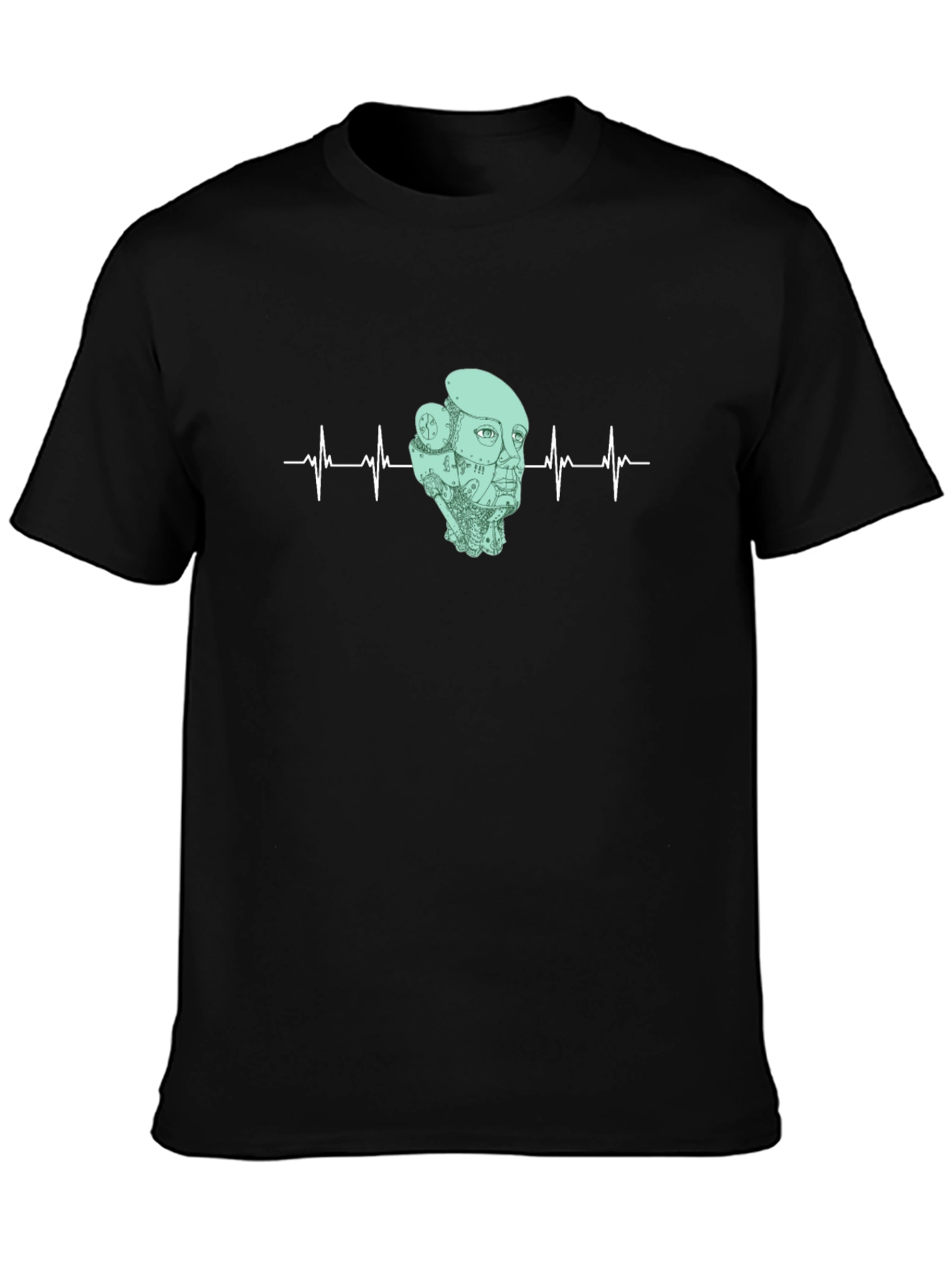 Robot Headbeat Graphic Tee - Black Cotton T-Shirt