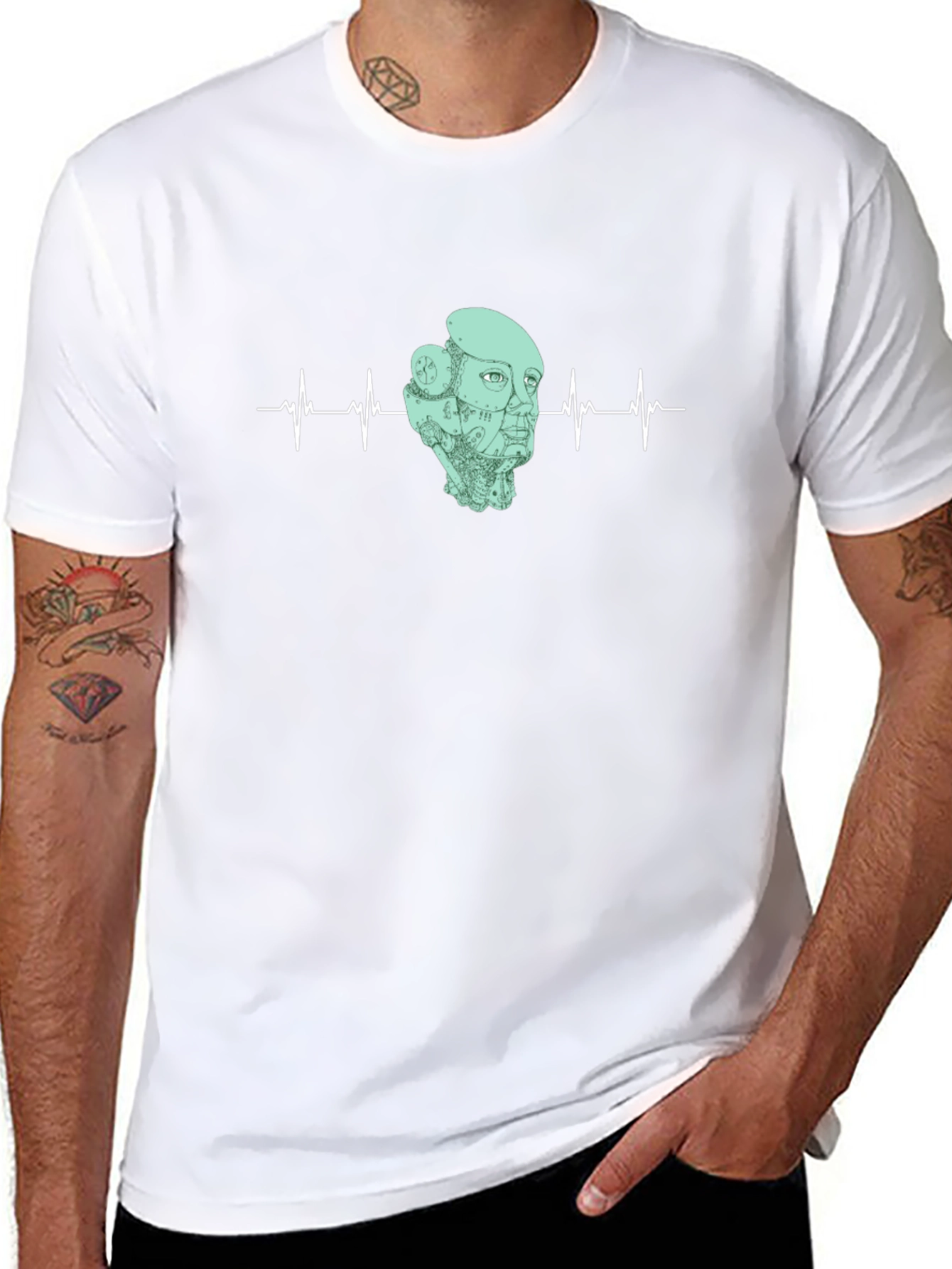 Robot Headbeat Graphic Tee - Black Cotton T-Shirt