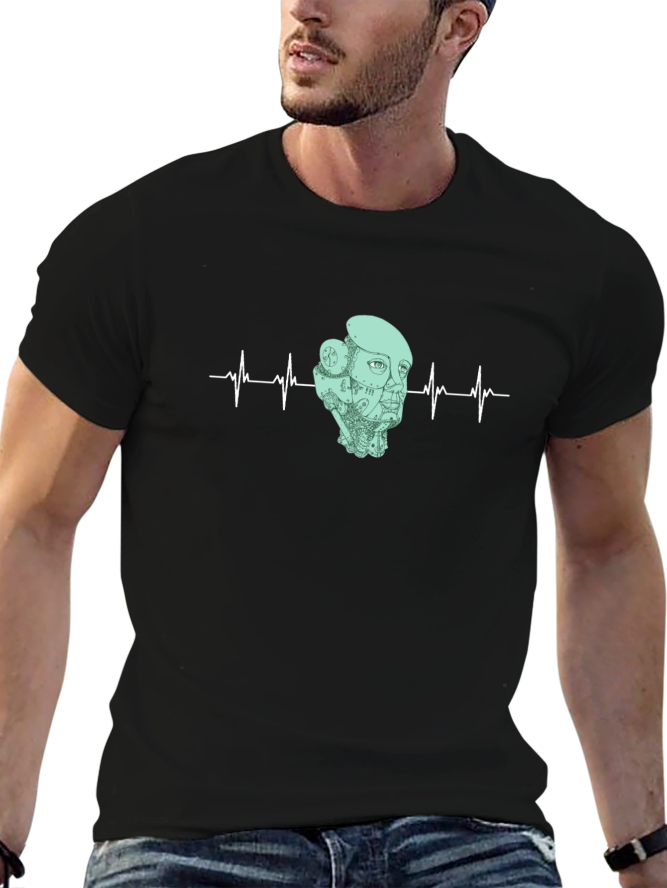 Robot Headbeat Graphic Tee - Black Cotton T-Shirt
