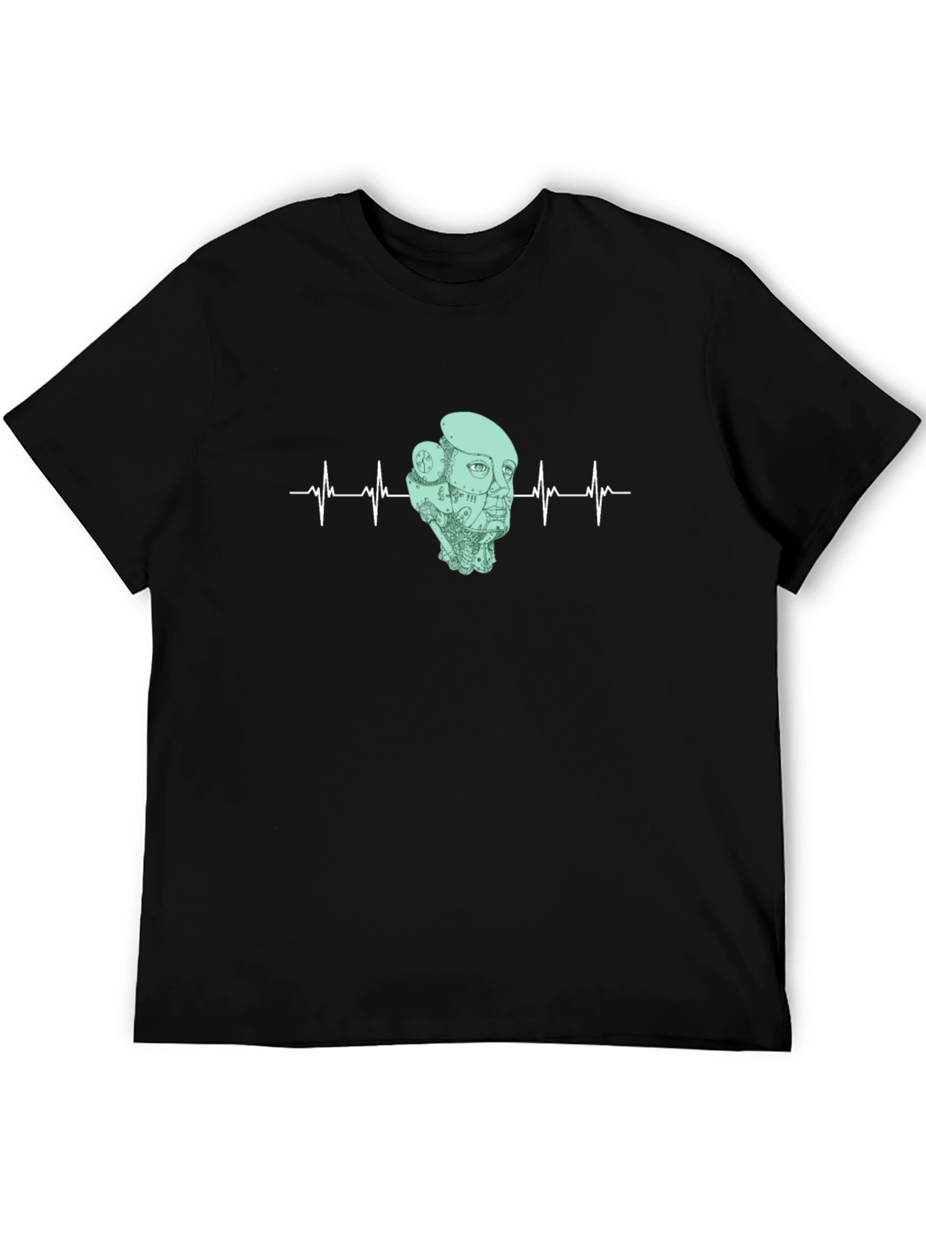 Robot Headbeat Graphic Tee - Black Cotton T-Shirt