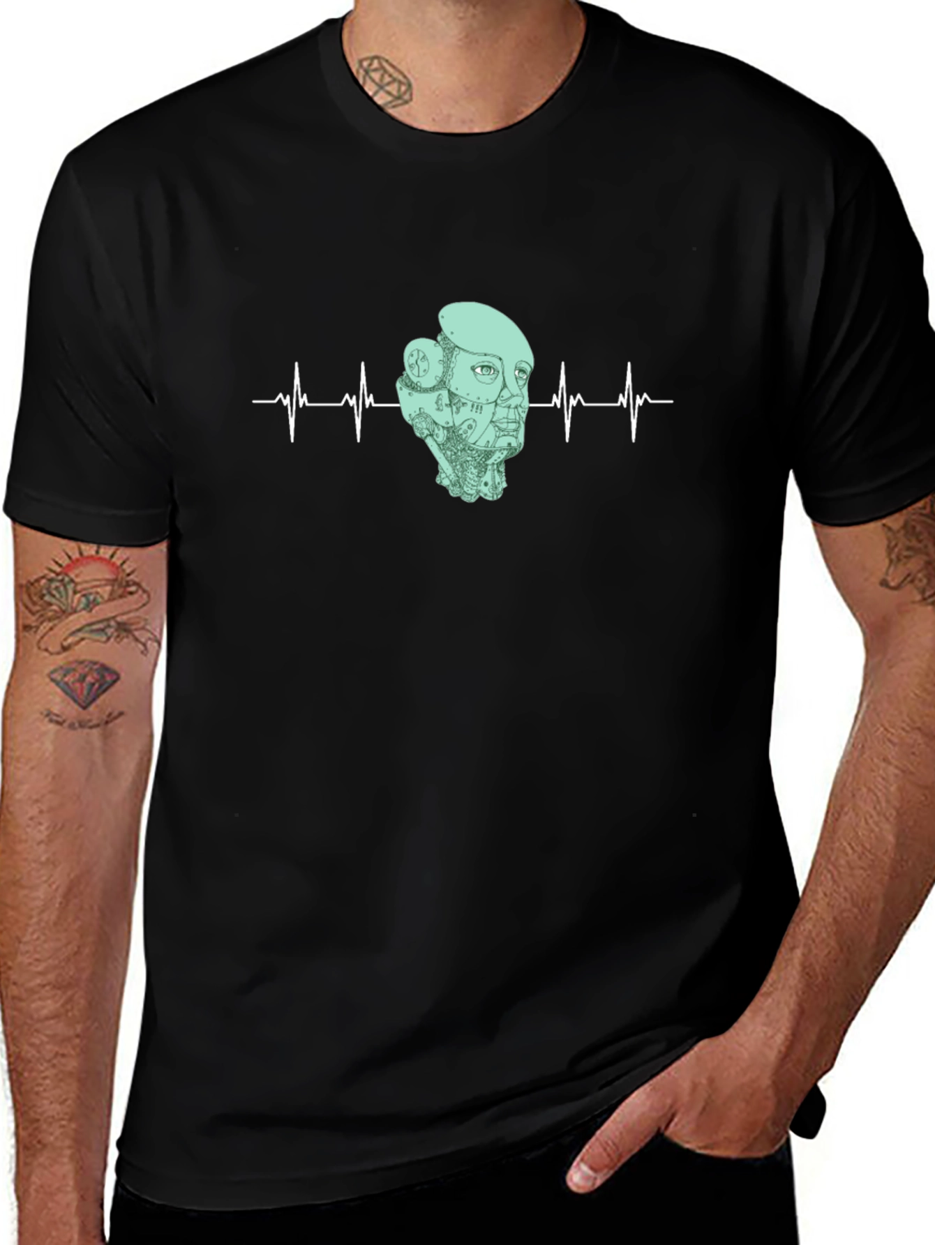 Robot Headbeat Graphic Tee - Black Cotton T-Shirt