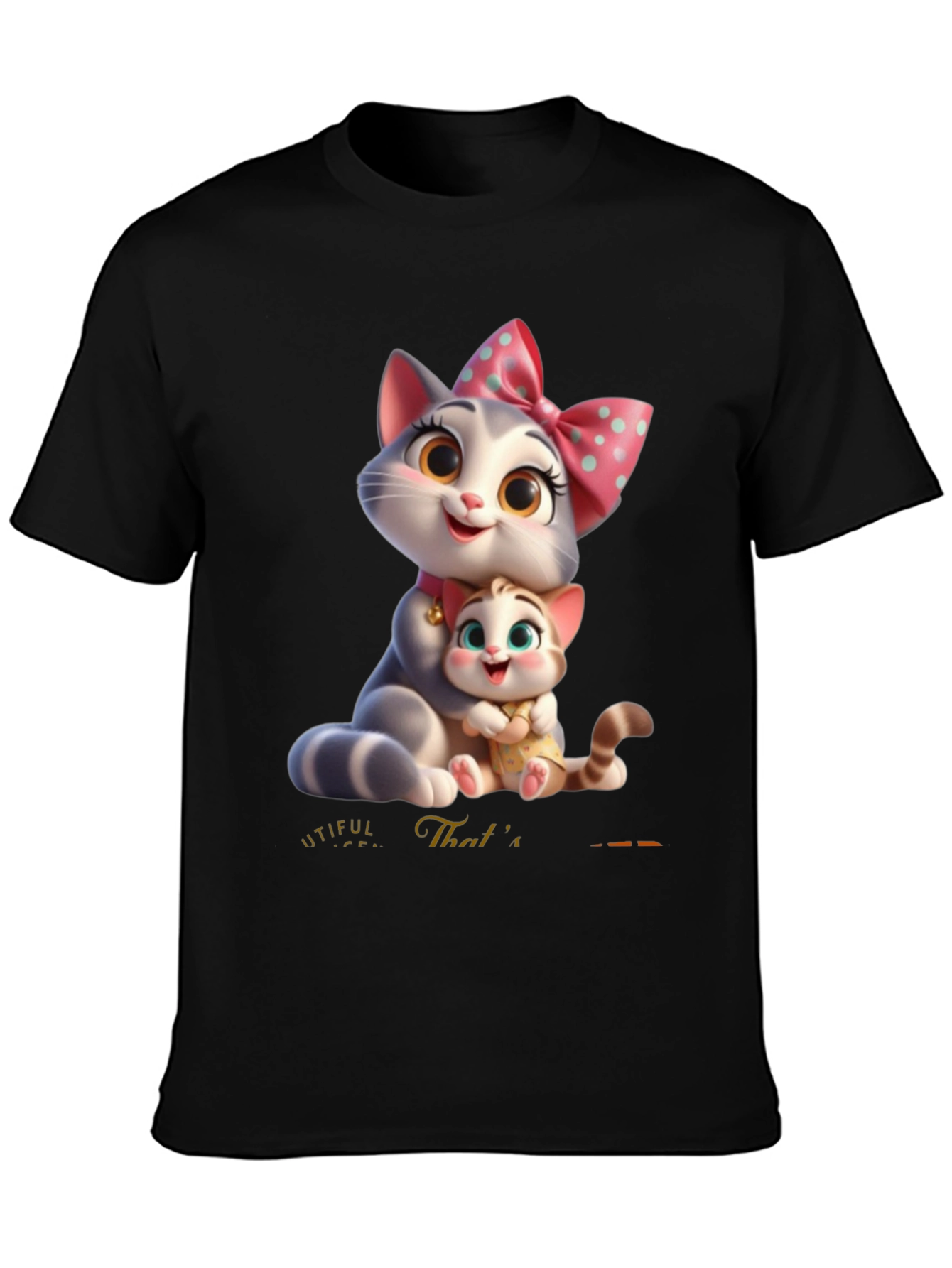 Cute Cartoon Cat Family T-Shirt - Black