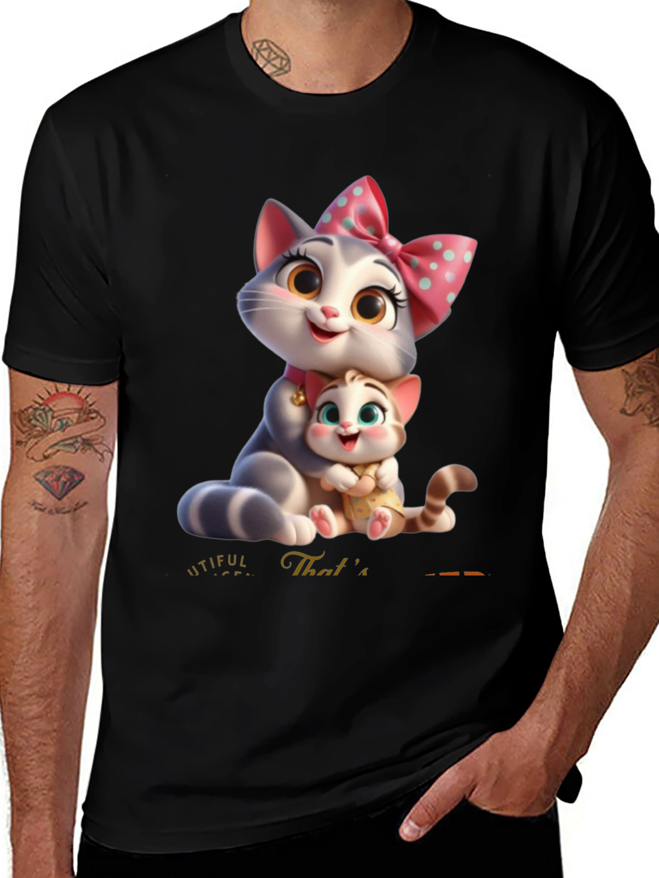 Cute Cartoon Cat Family T-Shirt - Black