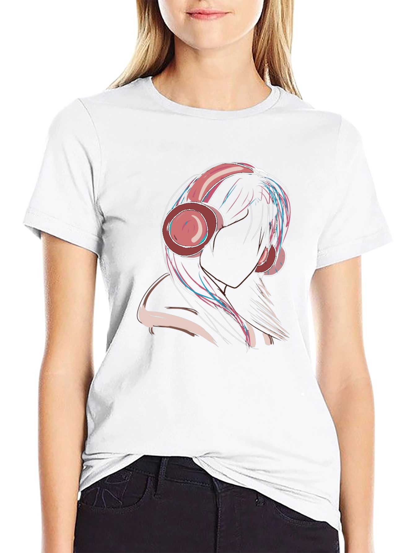 Headphone Girl Graphic Tee - Stylish Black T-Shirt