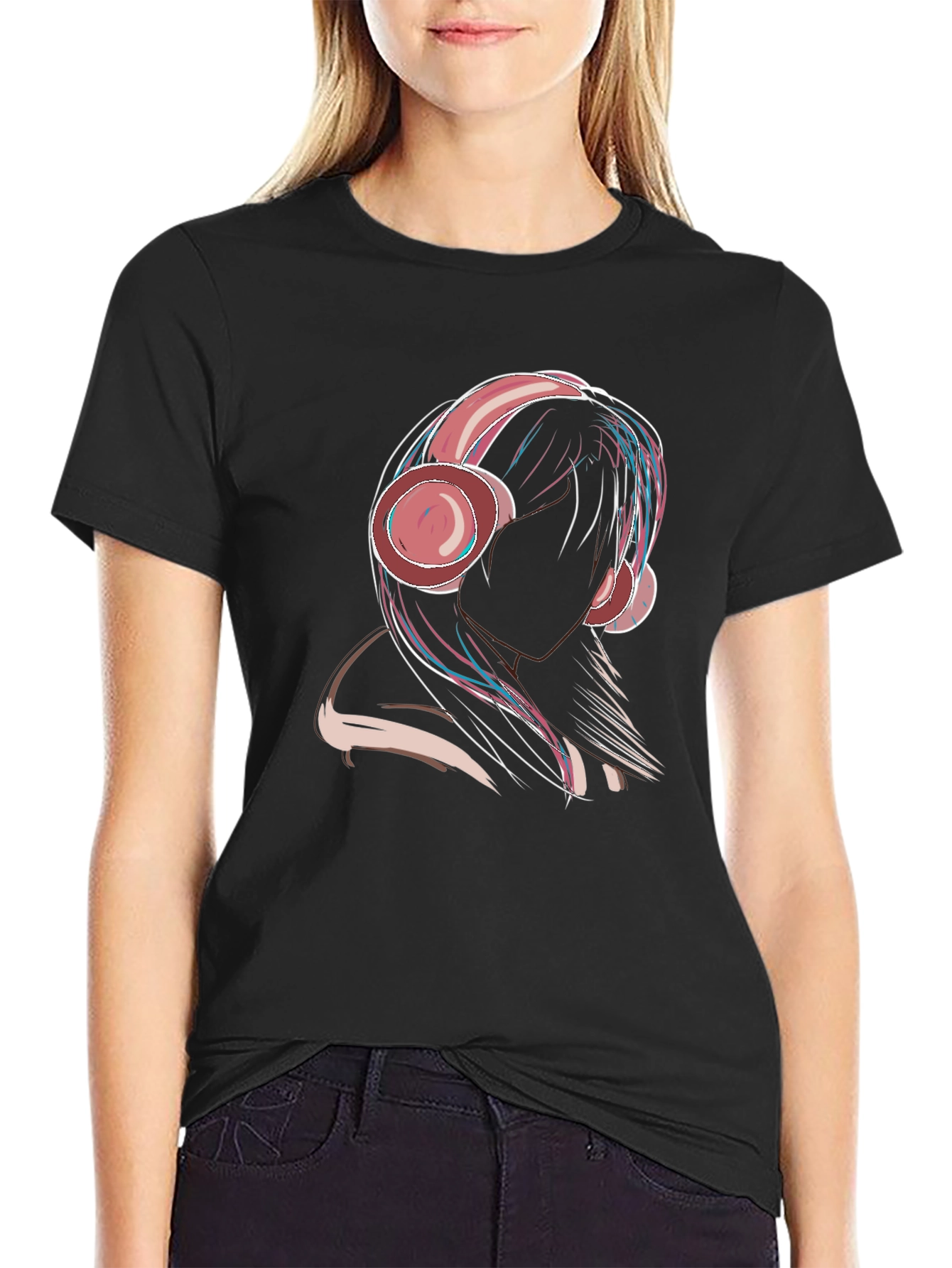 Headphone Girl Graphic Tee - Stylish Black T-Shirt