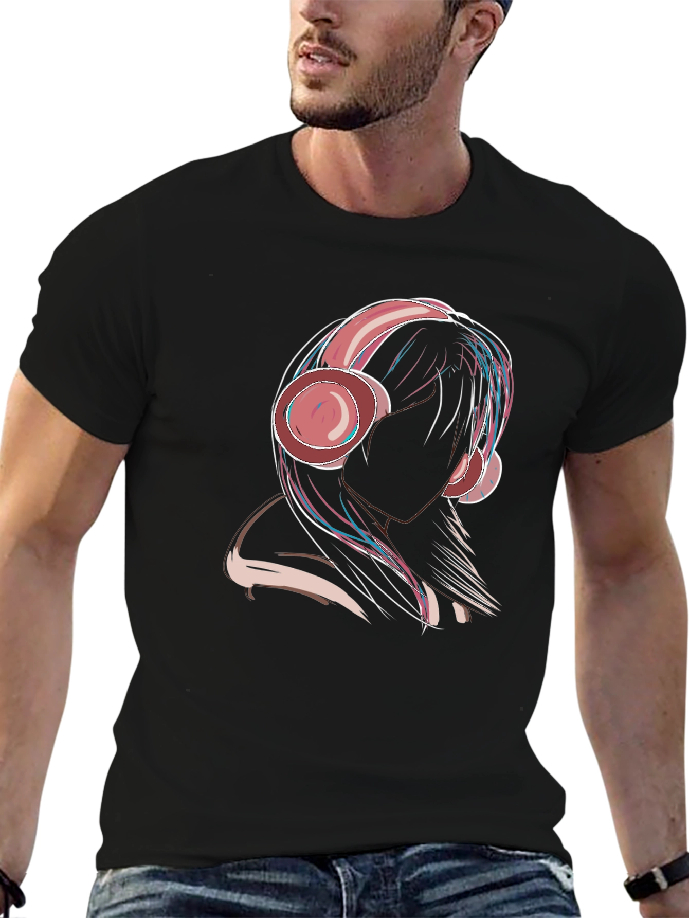 Headphone Girl Graphic Tee - Stylish Black T-Shirt