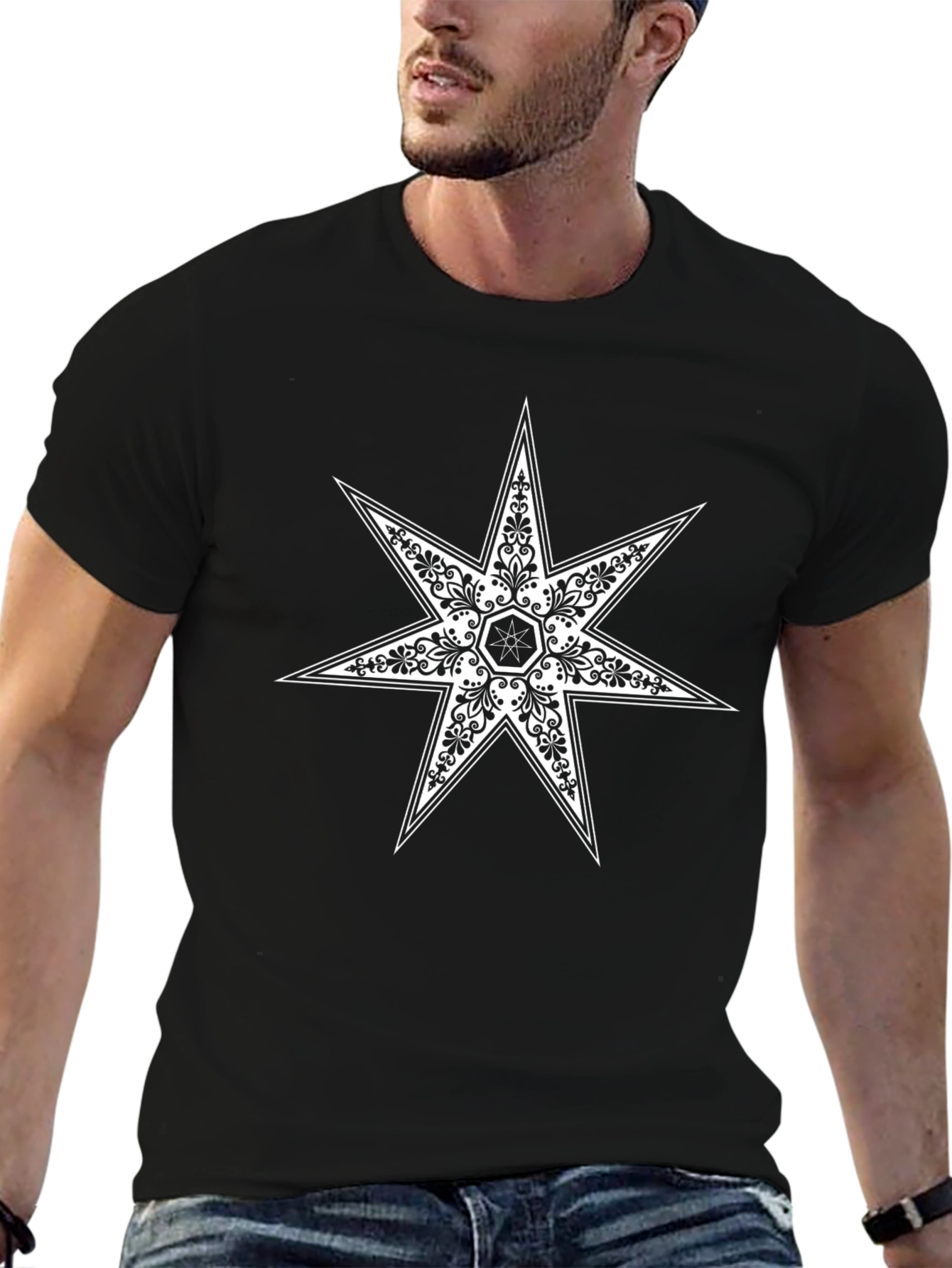 Black T-Shirt with Ornate Star Design