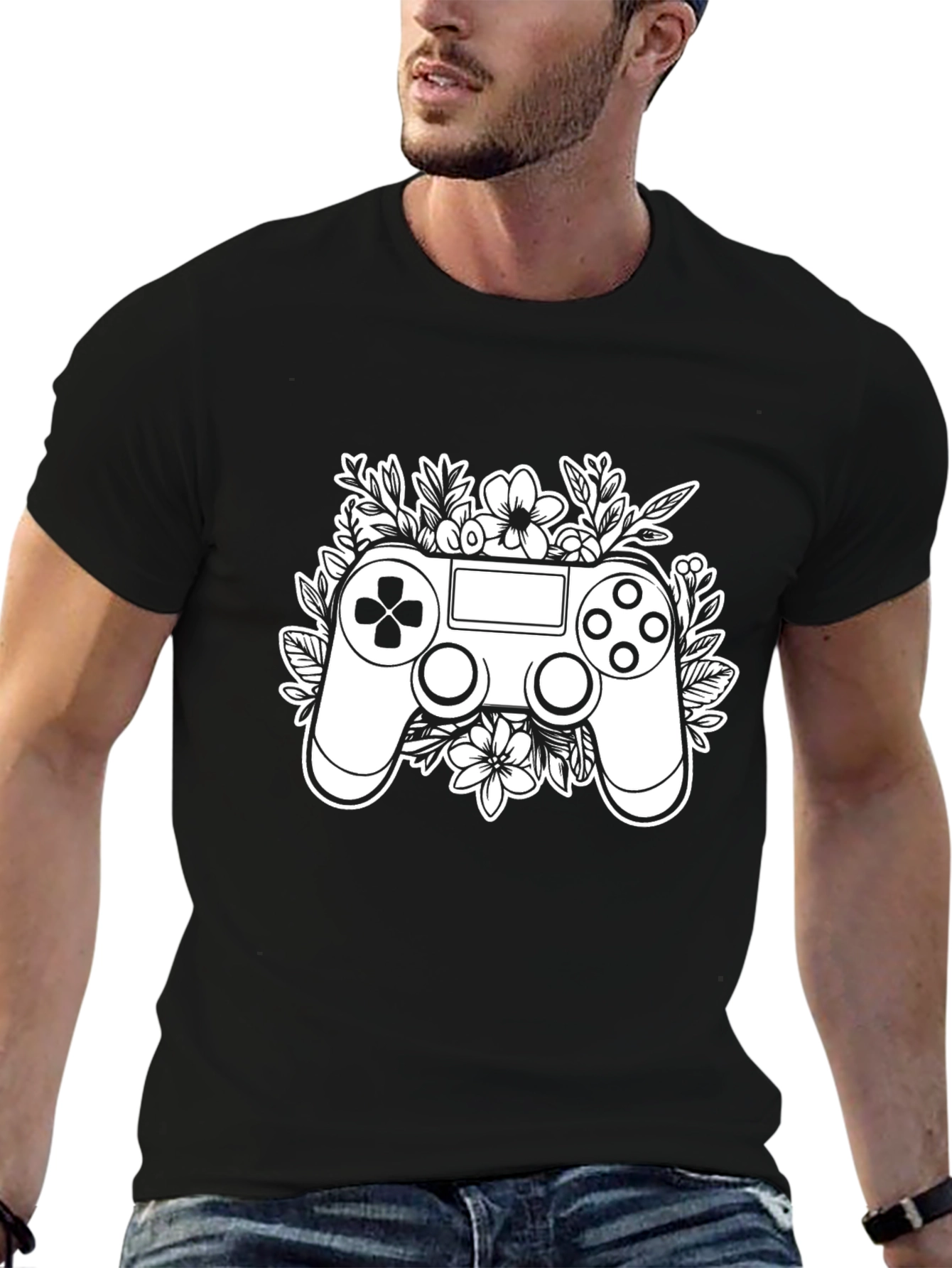 Gaming Controller Floral Graphic Tee - Black