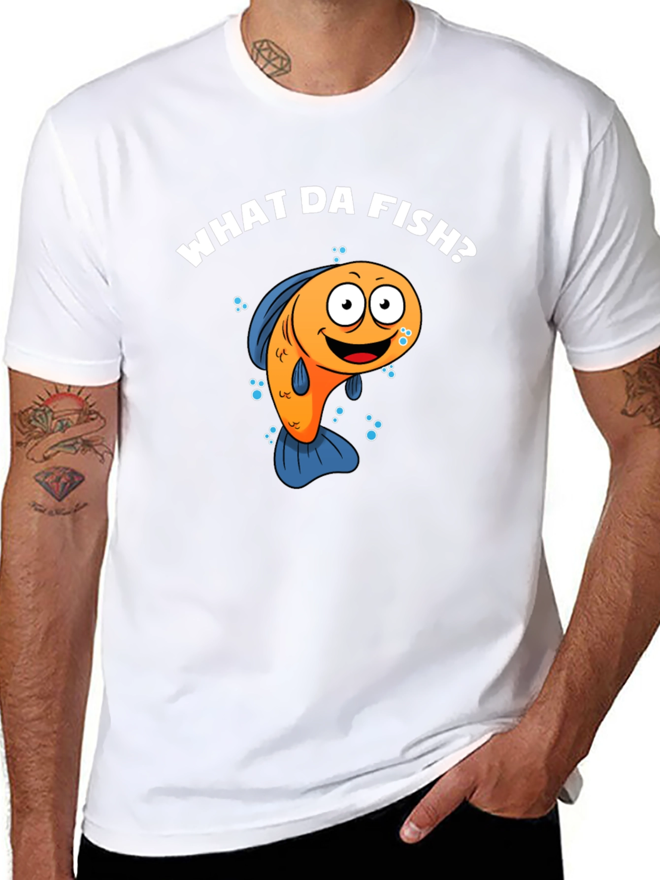 Funny What Da Fish? Cartoon Black T-Shirt