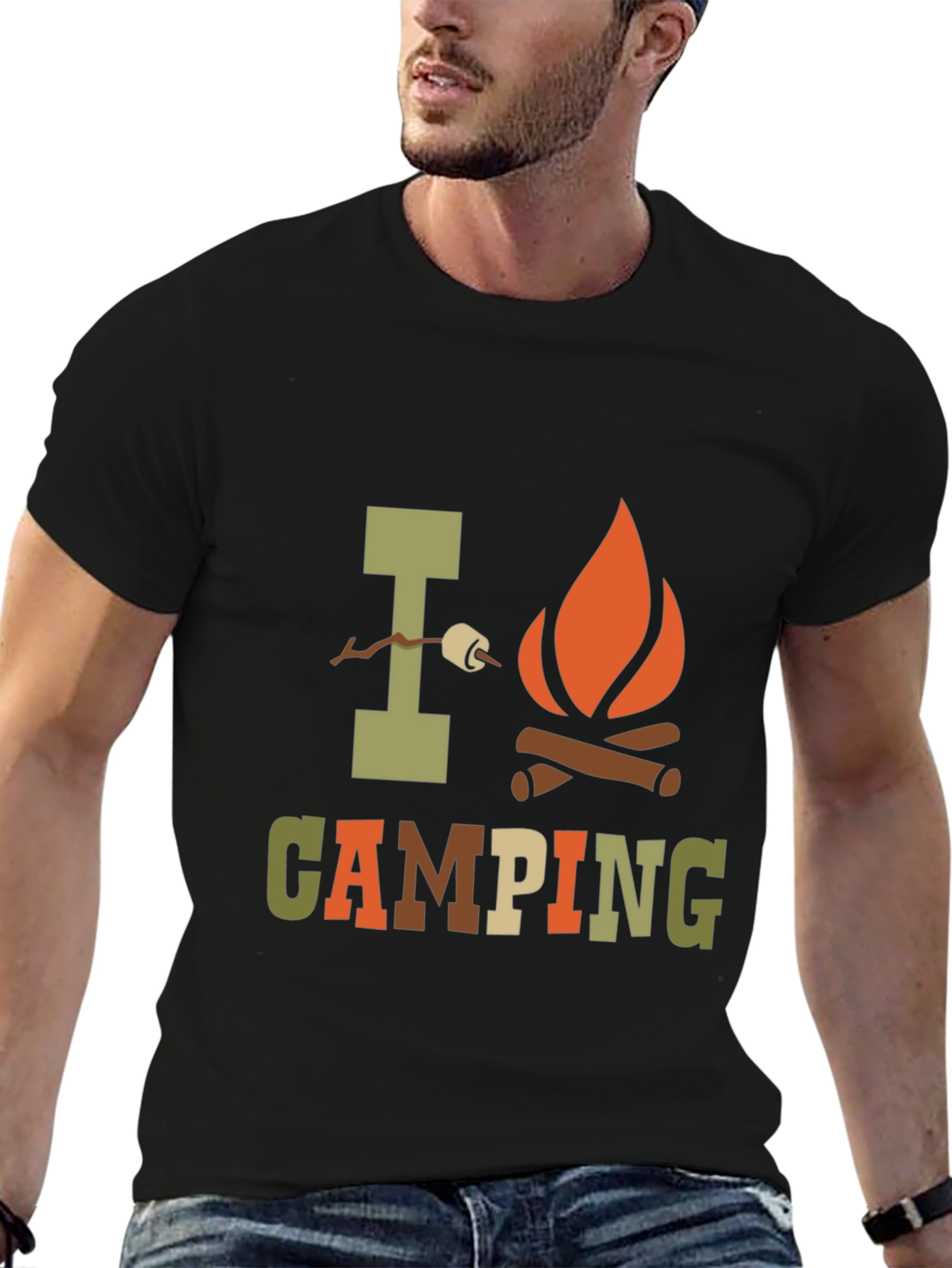 I Love Camping Graphic Print Black T-Shirt