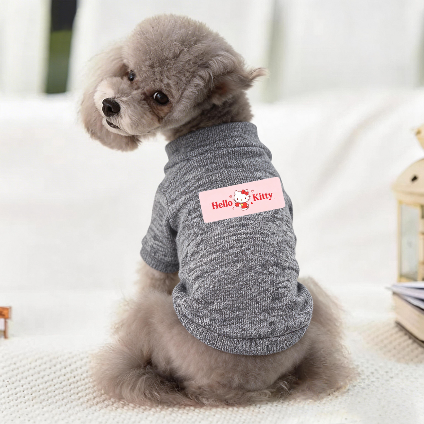 Pink Label Hello Kitty Grey Pet Pullover Sweater, Soft Daily Puppy Cardigan