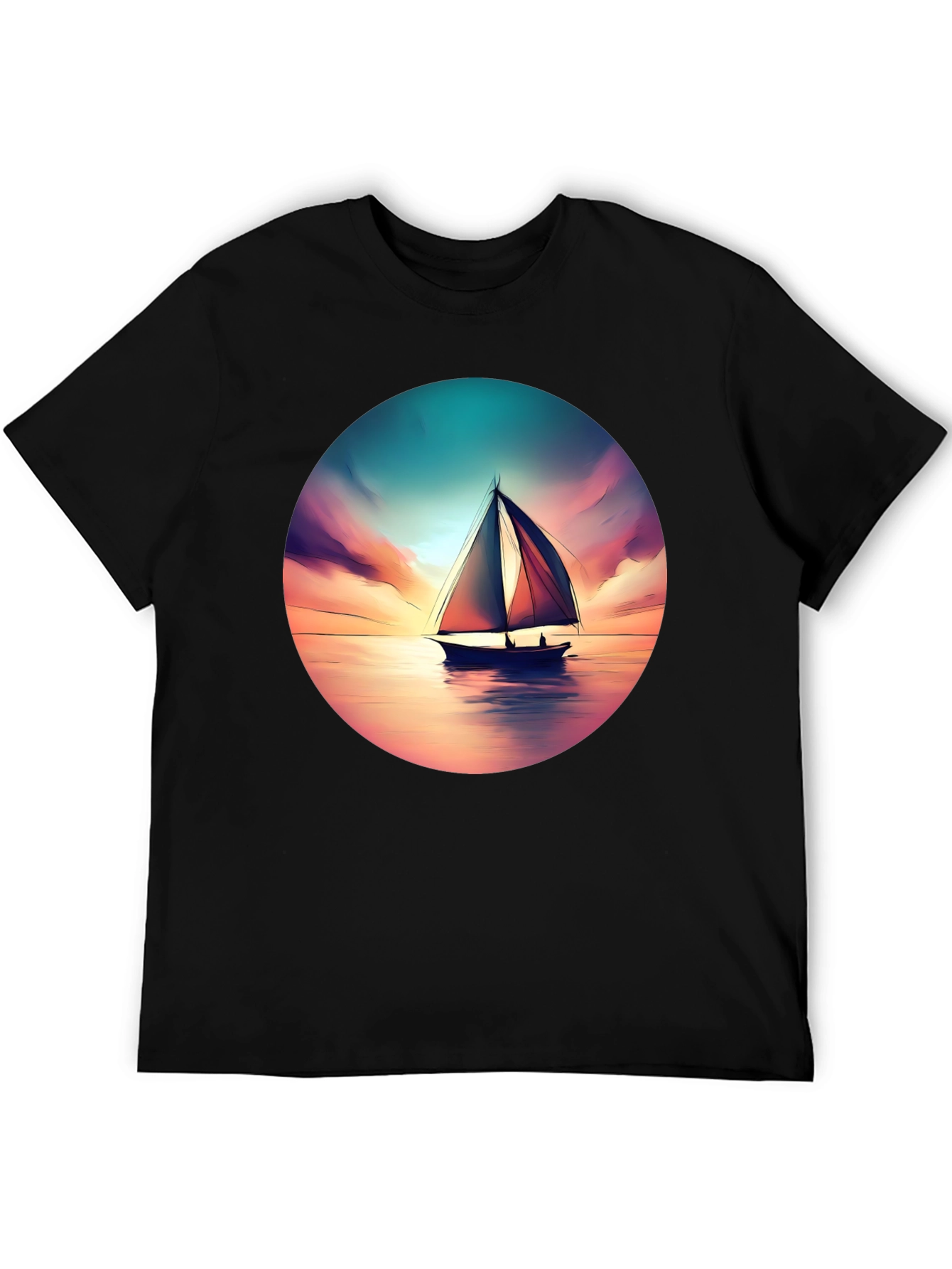 Sunset Sailboat Graphic Tee - Black Cotton T-Shirt
