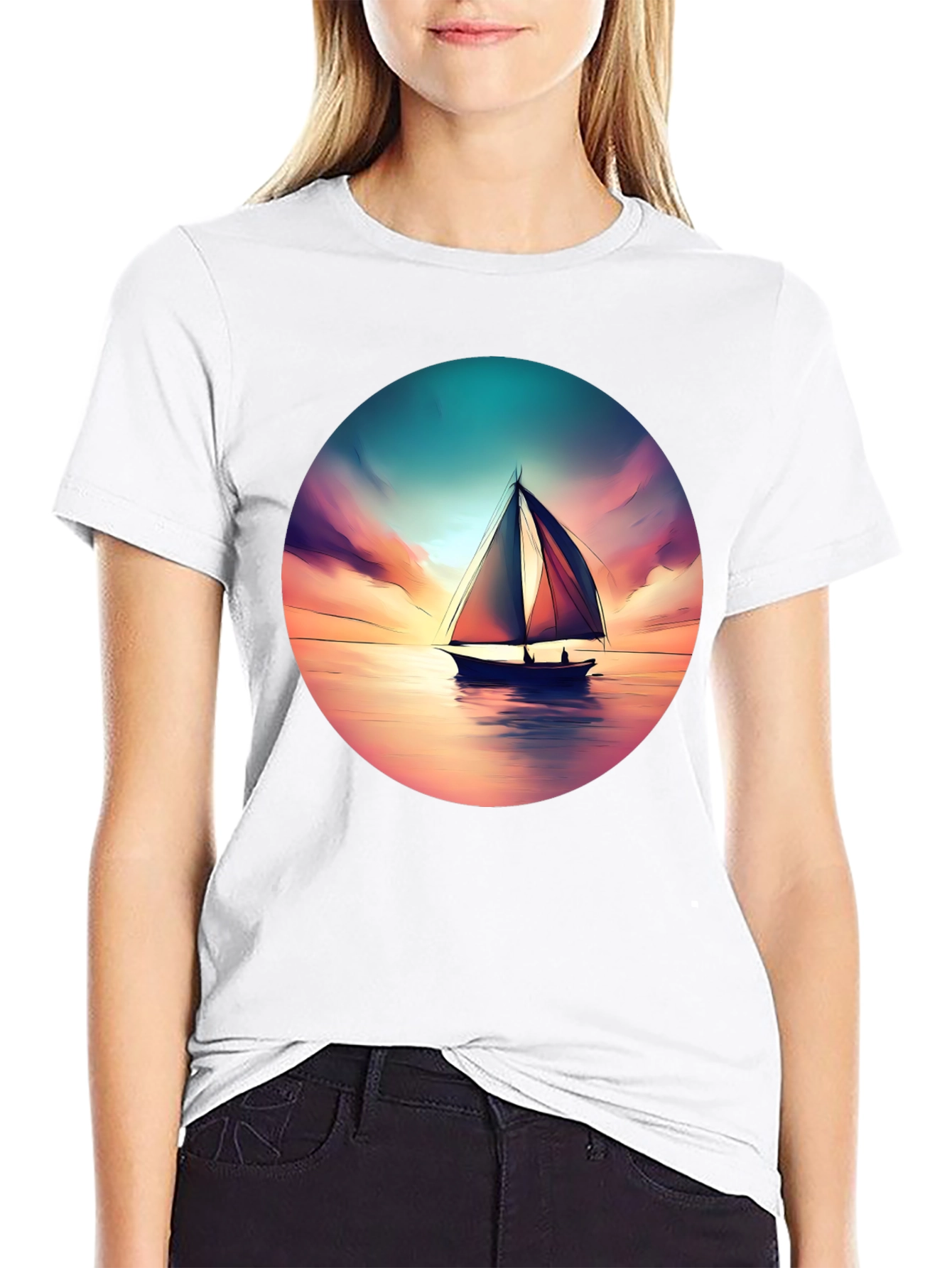 Sunset Sailboat Graphic Tee - Black Cotton T-Shirt