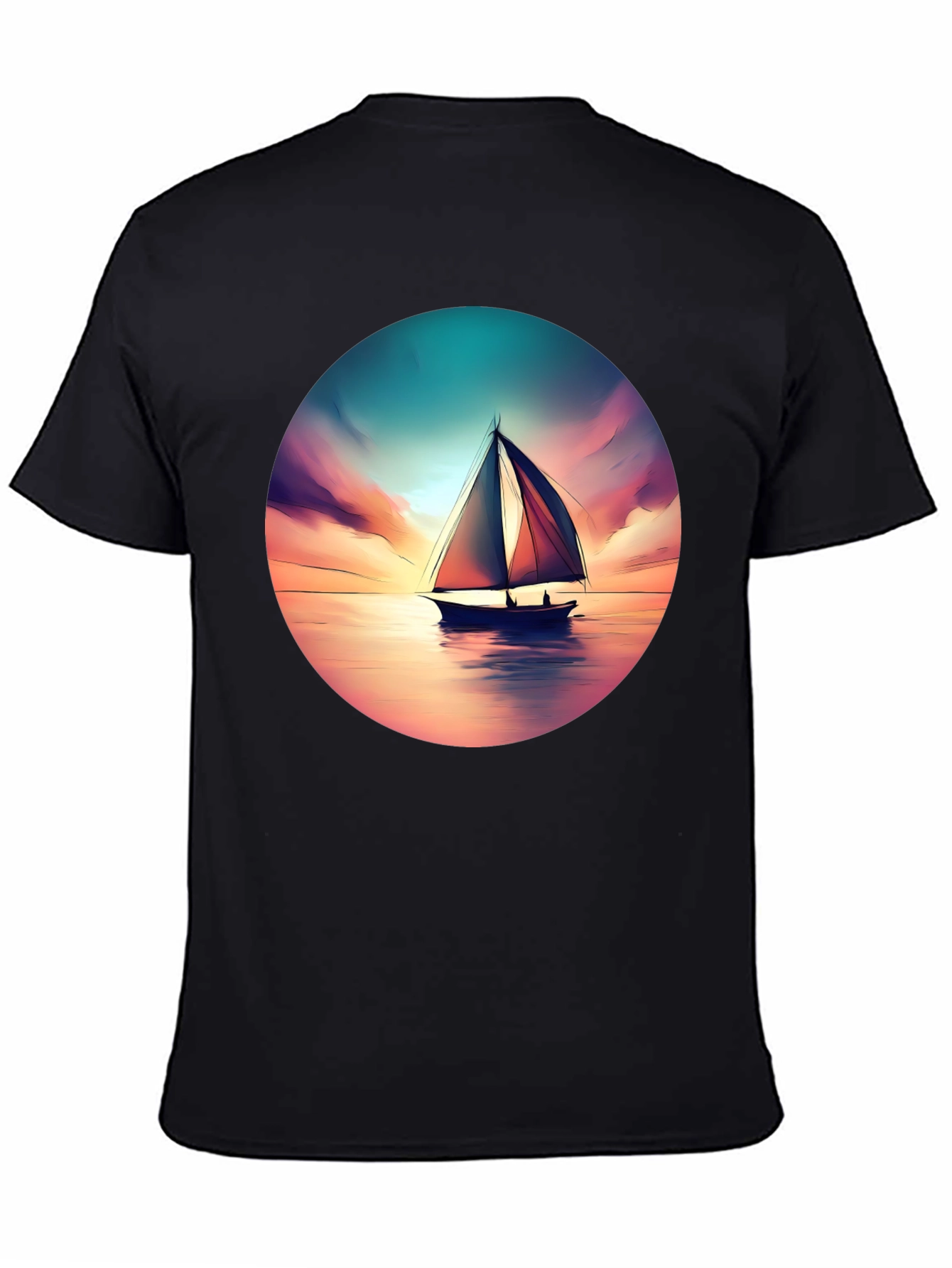 Sunset Sailboat Graphic Tee - Black Cotton T-Shirt