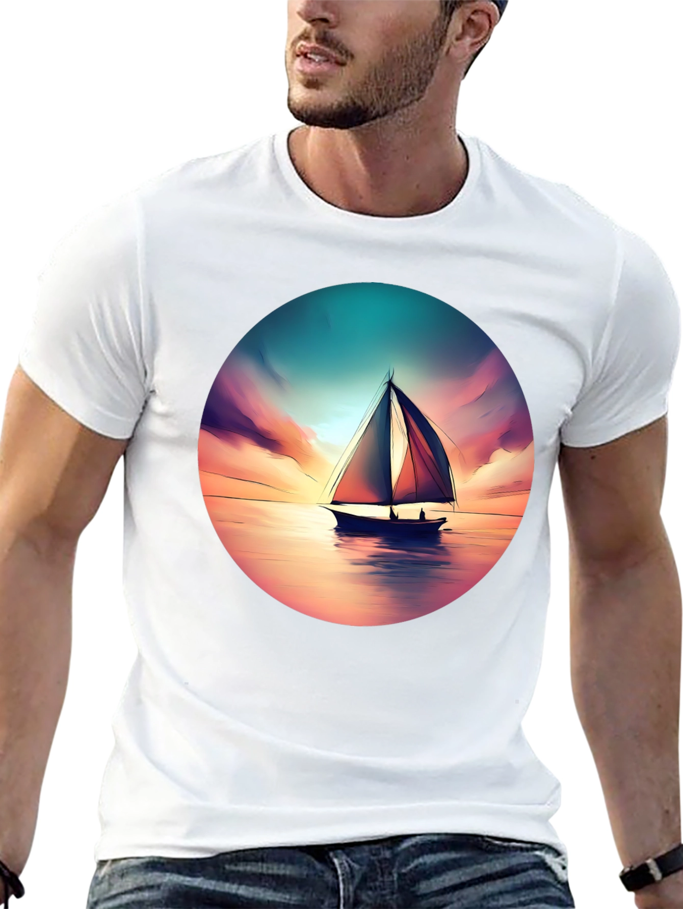 Sunset Sailboat Graphic Tee - Black Cotton T-Shirt