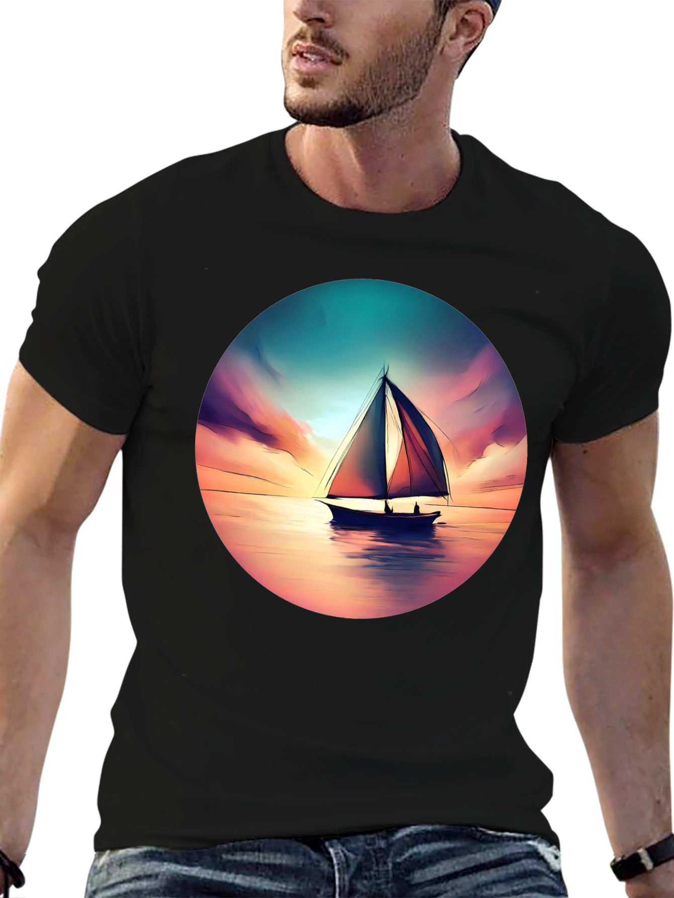 Sunset Sailboat Graphic Tee - Black Cotton T-Shirt