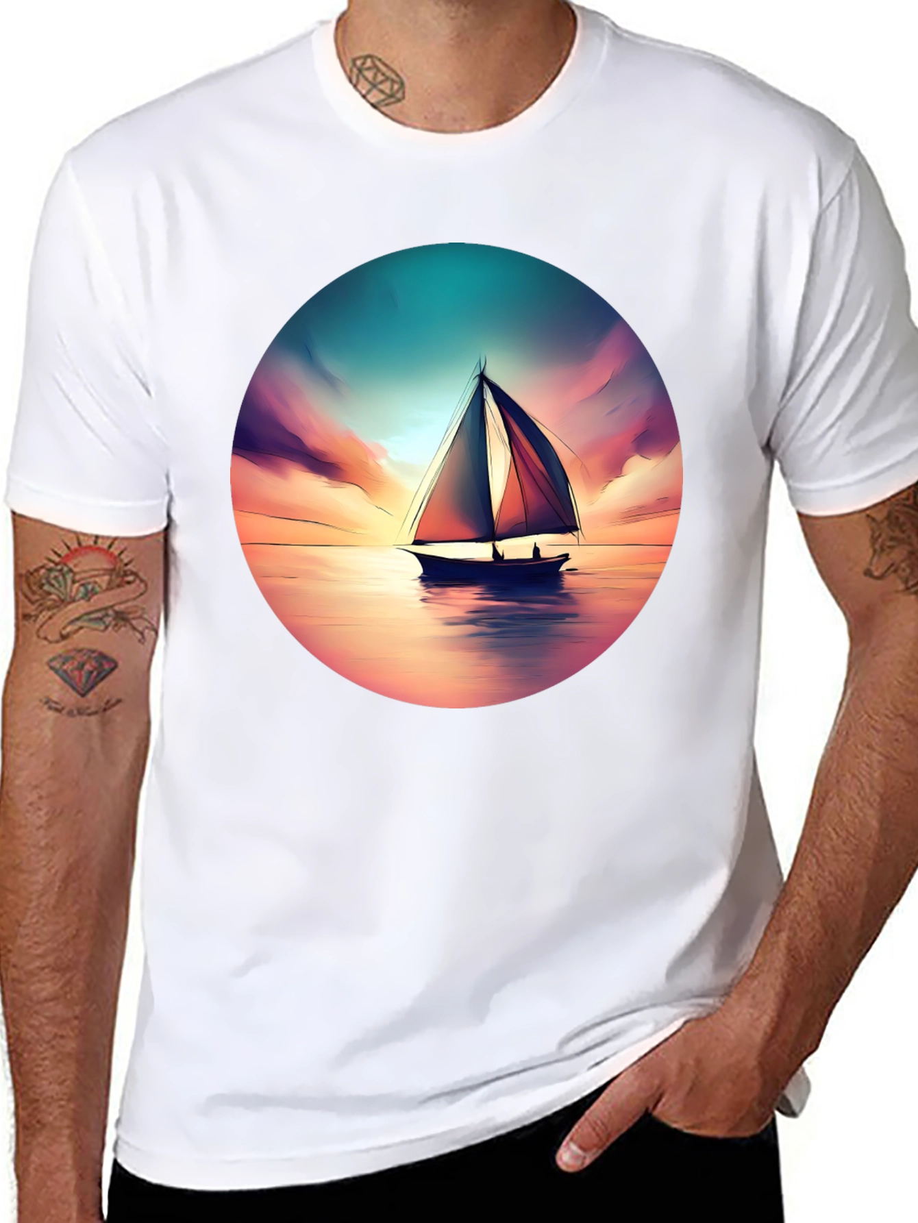 Sunset Sailboat Graphic Tee - Black Cotton T-Shirt