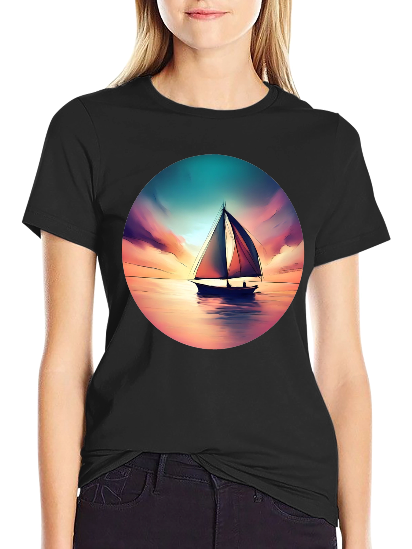Sunset Sailboat Graphic Tee - Black Cotton T-Shirt
