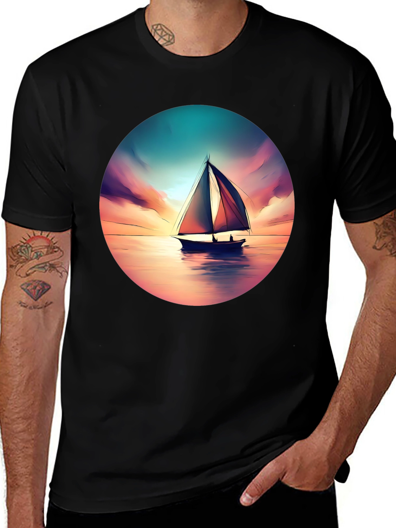 Sunset Sailboat Graphic Tee - Black Cotton T-Shirt