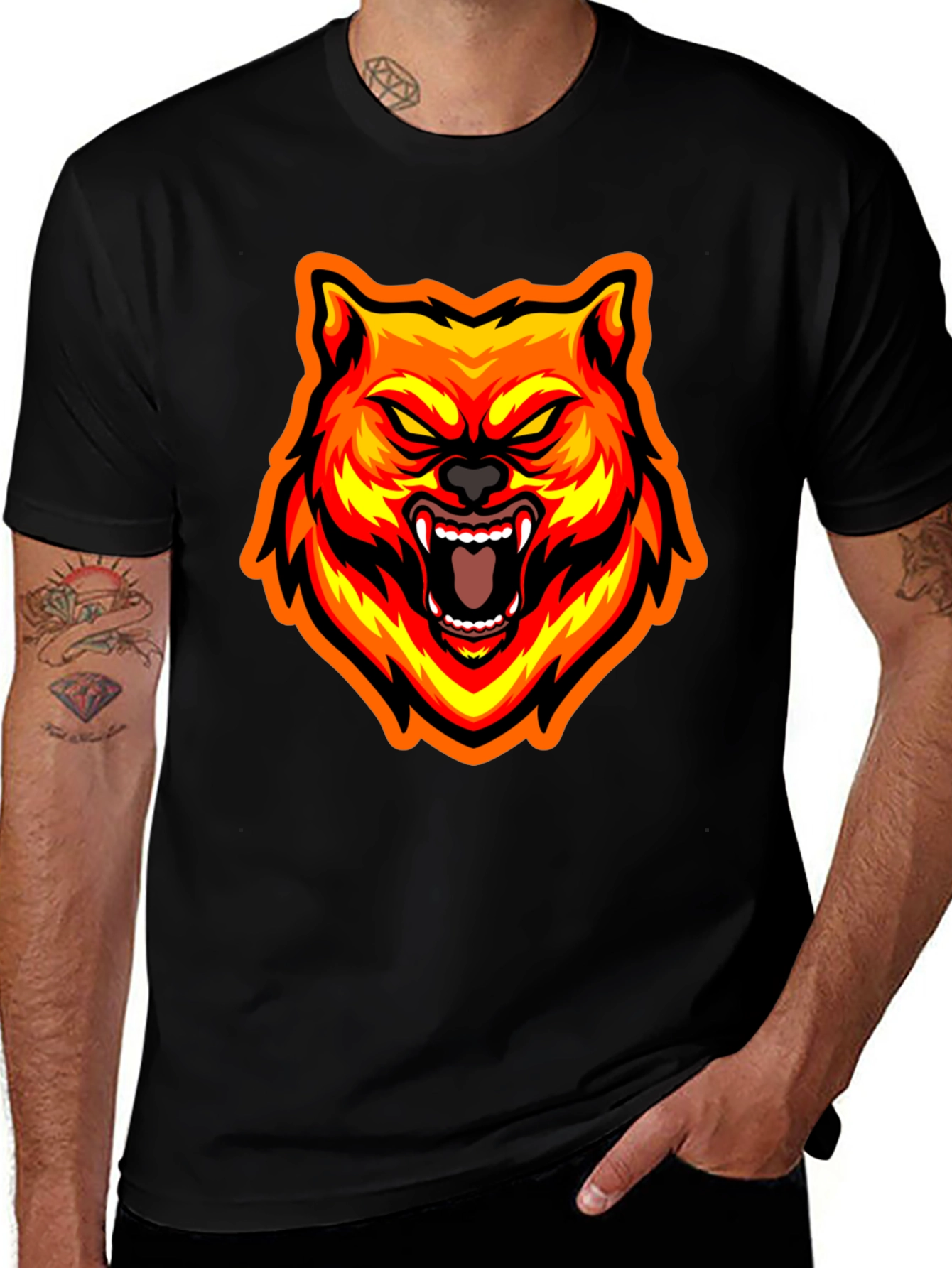 Fiery Wolf Graphic Tee - Bold Black T-Shirt