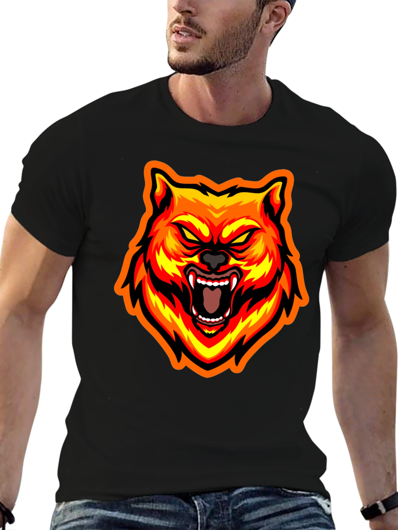 Fiery Wolf Graphic Tee - Bold Black T-Shirt