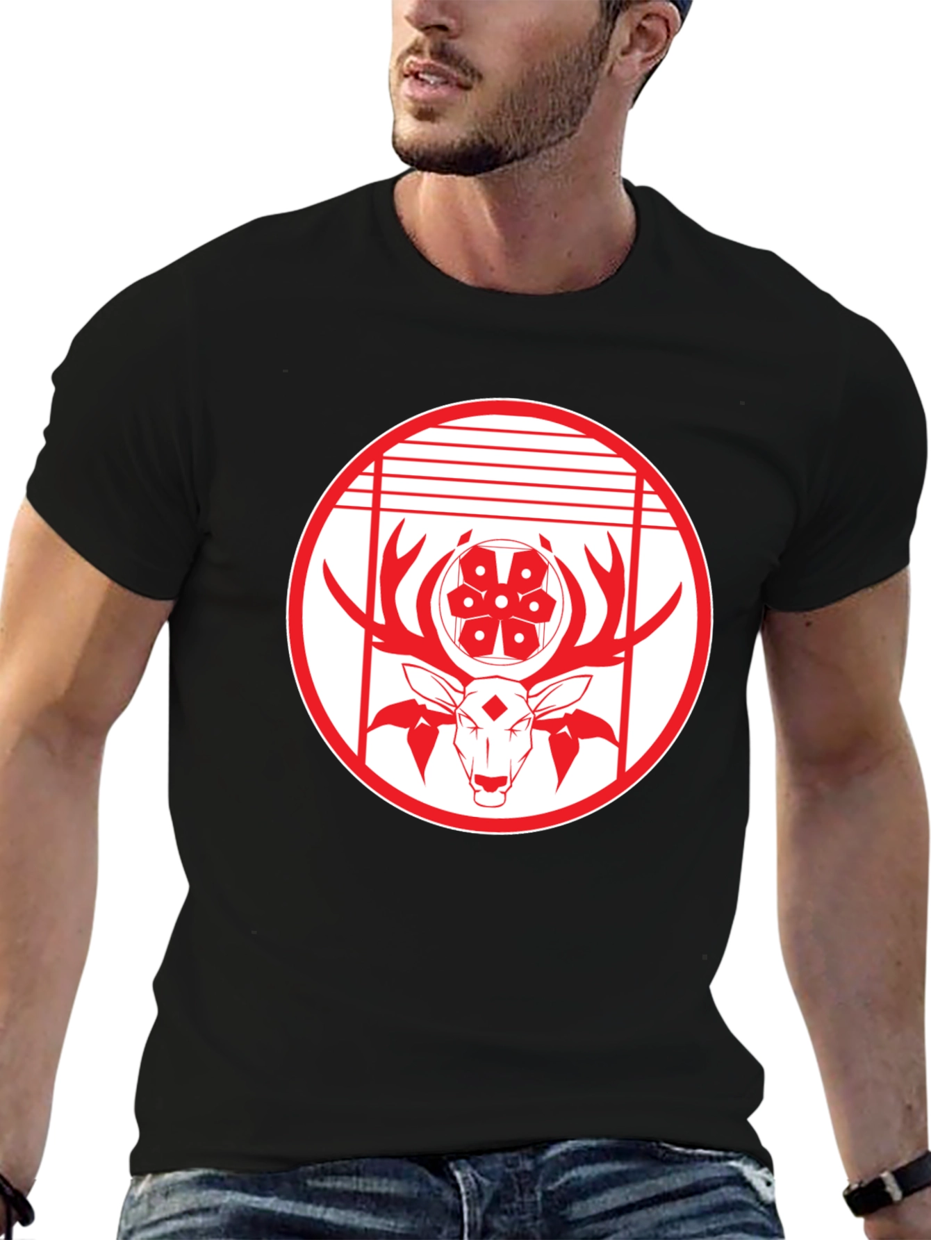 Deer Emblem Graphic Black T-Shirt