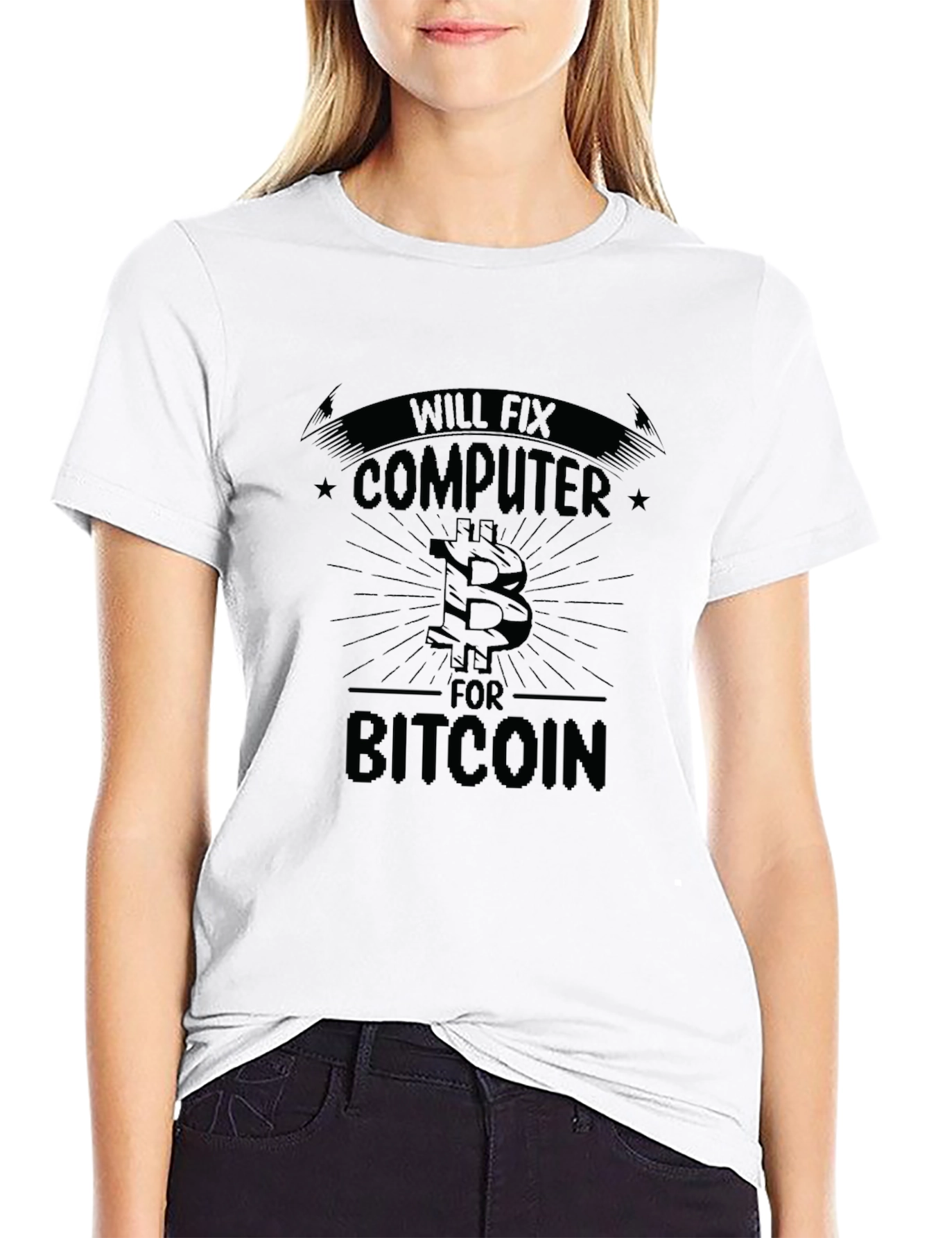 Will Fix Computer For Bitcoin Funny Black T-Shirt