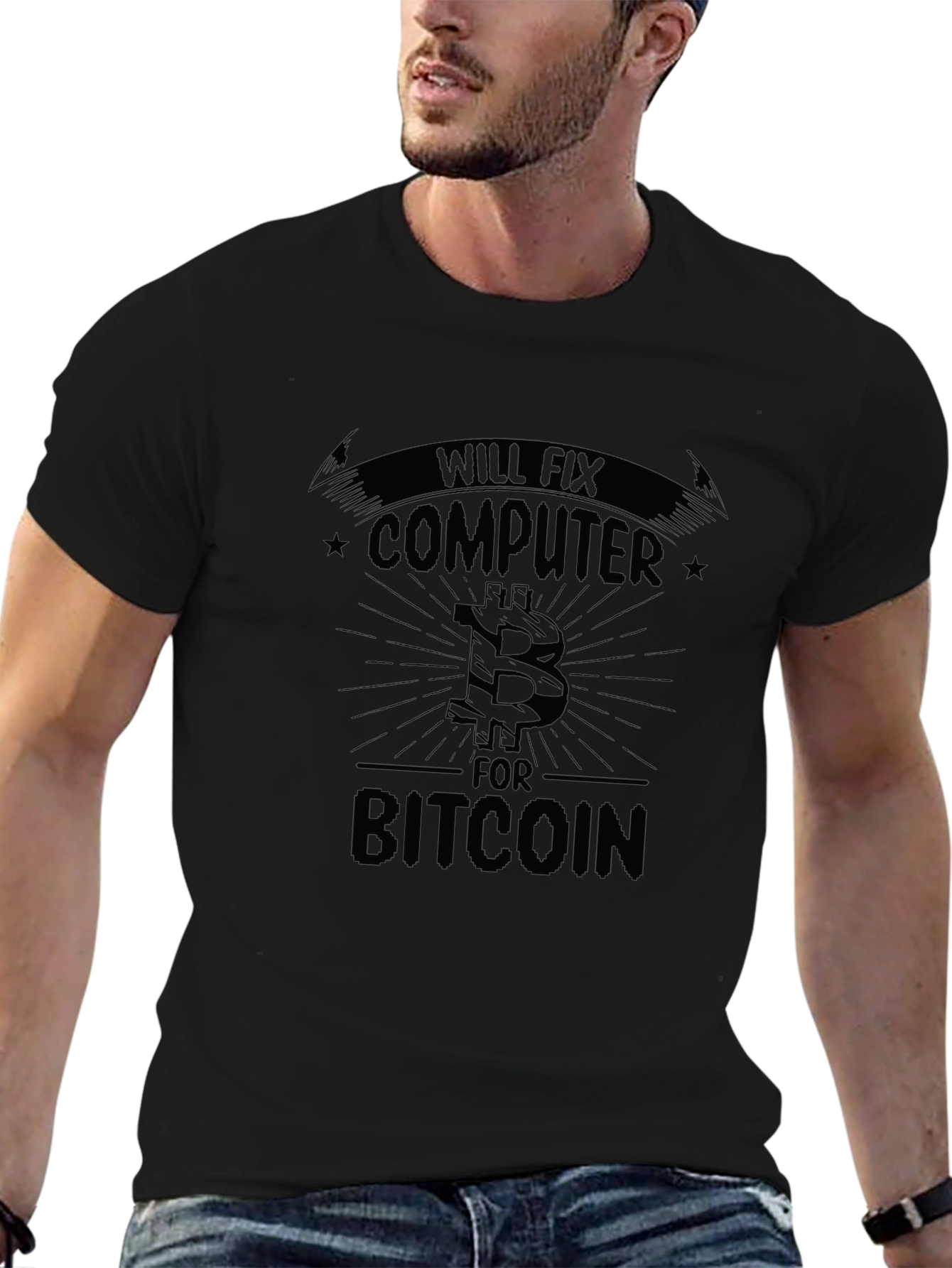 Will Fix Computer For Bitcoin Funny Black T-Shirt